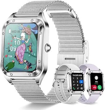 Smart Watch for Women, 1.59" HD Luxury Watch with Bluetooth Fitness Tracker/AI Voice Control/120+ Sport Modes/IP68 Waterproof/Heart Rate Sleep Monitor/for Android iOS, Silver/3 Bands