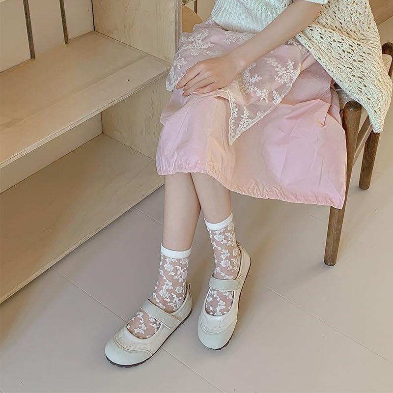 Image of Alafime Coquette Aesthetic Mesh Socks for Women - 7 Pairs Kawaii Embroidered Florals Y2K Full Tube Sheer Socks