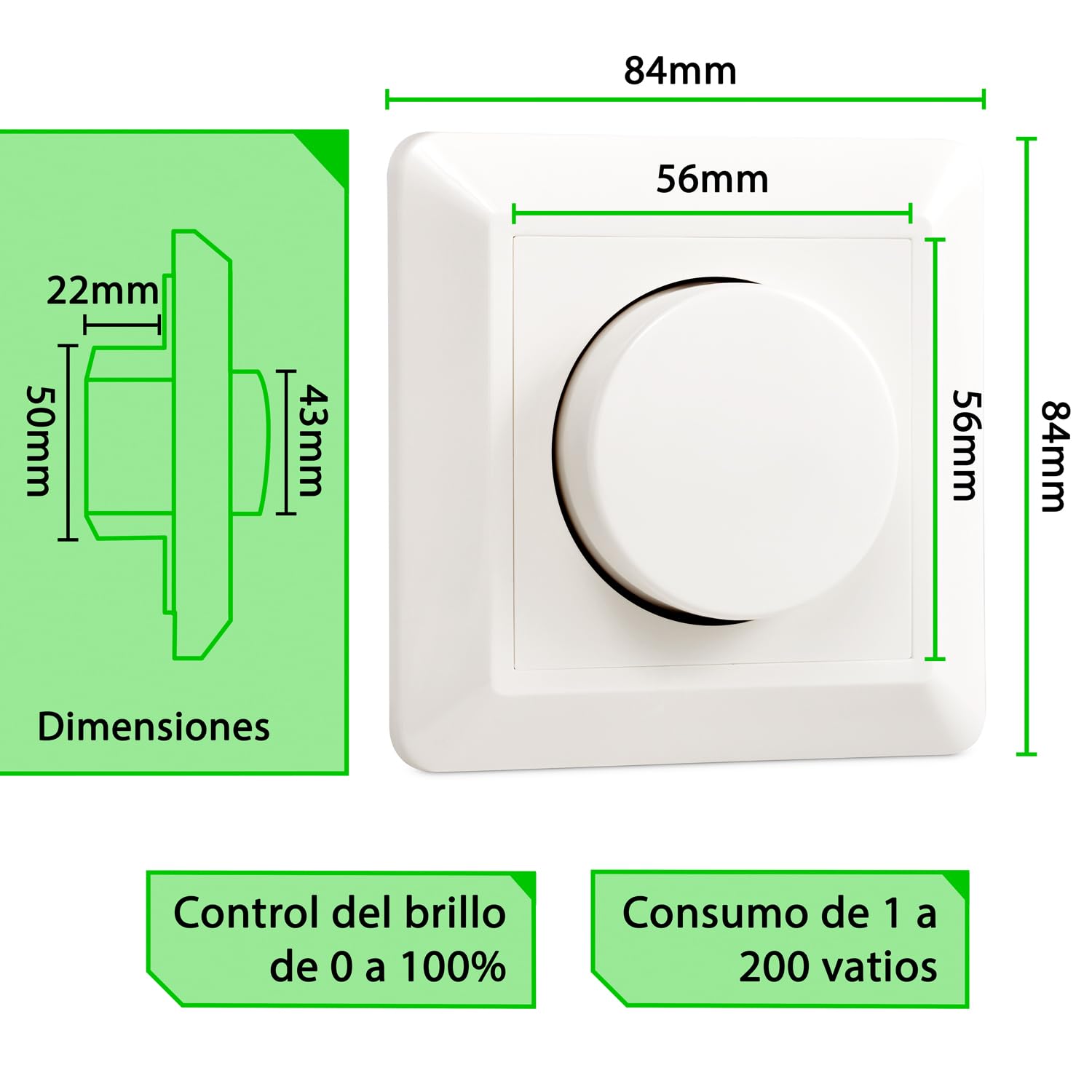 greenandco gc-350 regulador de intensidad LED giratorio | 1-350 W | también adecuado para circuitos con conmutador | función de disparo programable | empotrable | blanco