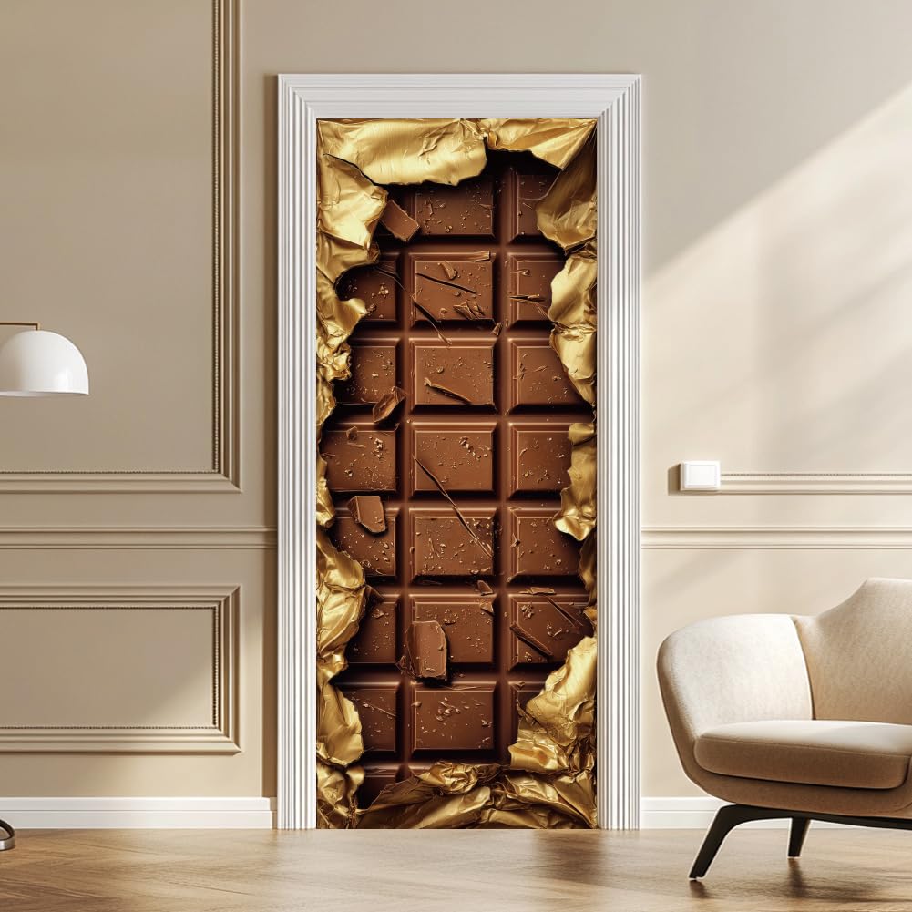 arricraft 2 Pcs Self-Adhesive Door Sticker, 31.5"x78.7" Gold-Wrapped Chocolate Door Murals Stickers PVC Removable Wallpaper Decoration for Bedrooms ​Living Room