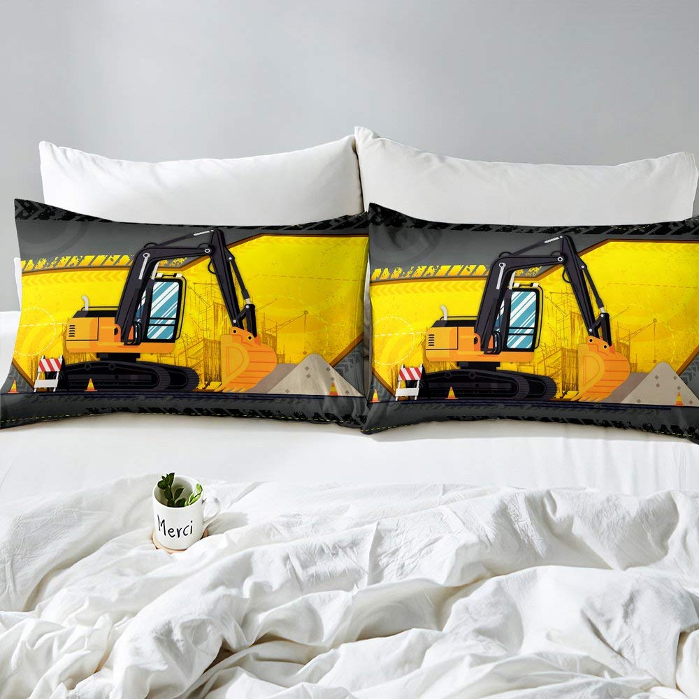 Homewish Juego de ropa de cama para excavadora, diseño de camión de dibujos animados para construcción de vehículos, funda de edredón para maquinaria pesada, ropa de cama con 2 fundas de almohada,