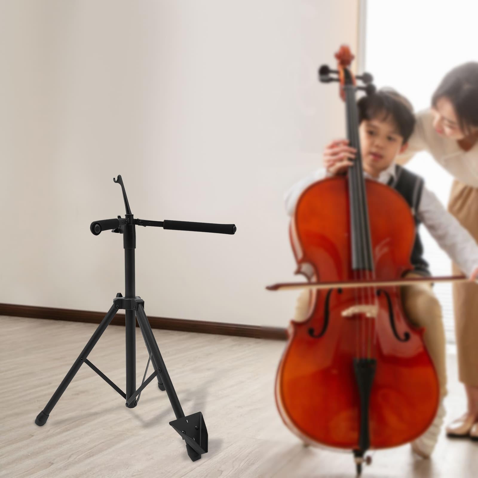 Cello-Ständer aus Eisen, höhenverstellbar 74-120 cm, stabile dreieckige Struktur, zusammenklappbares und rutschfestes Design, ideal für Zuhause, Schule, Konzerte und Orchester