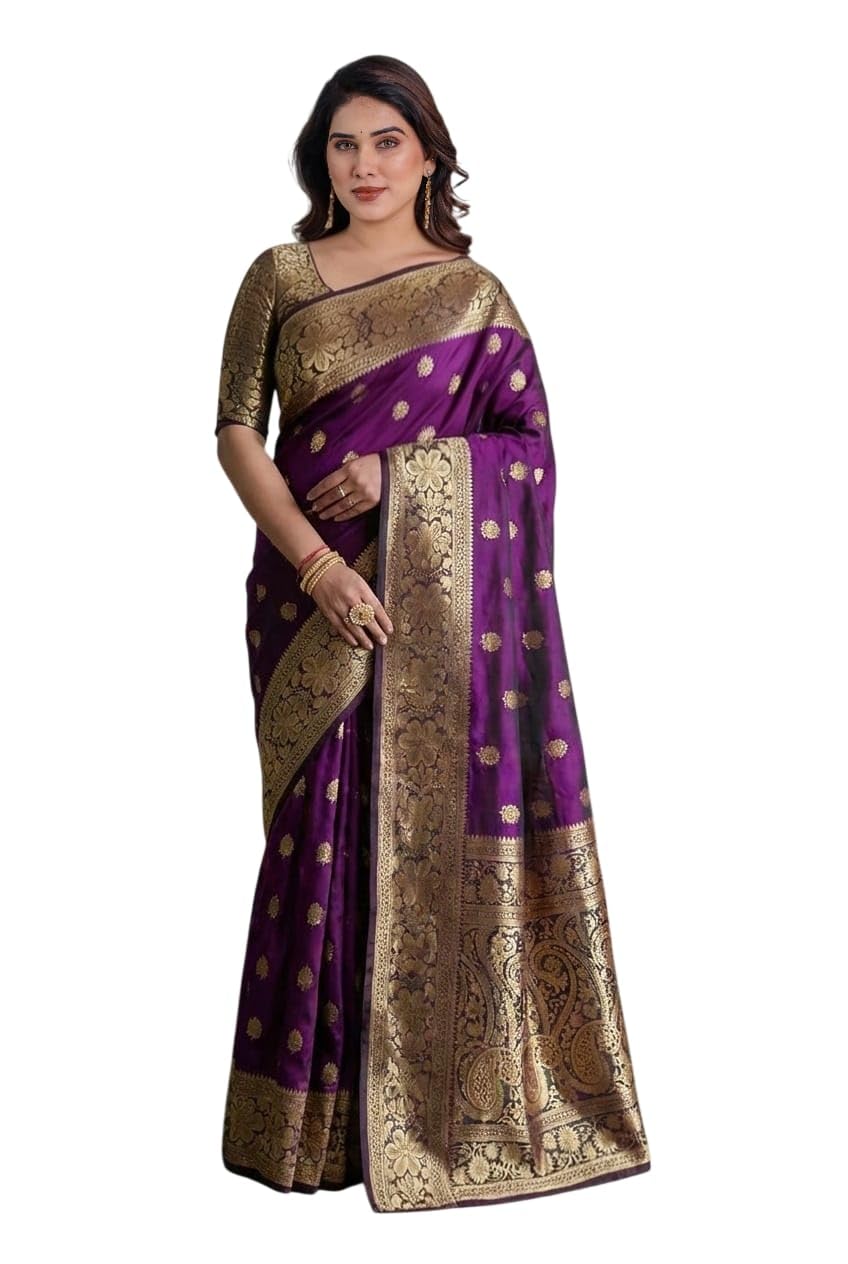 Women’s Kanjivaram Pure Jacqurad Weving Banarasi Designer Soft Silk Saree With Blouses Piecs For Wedding