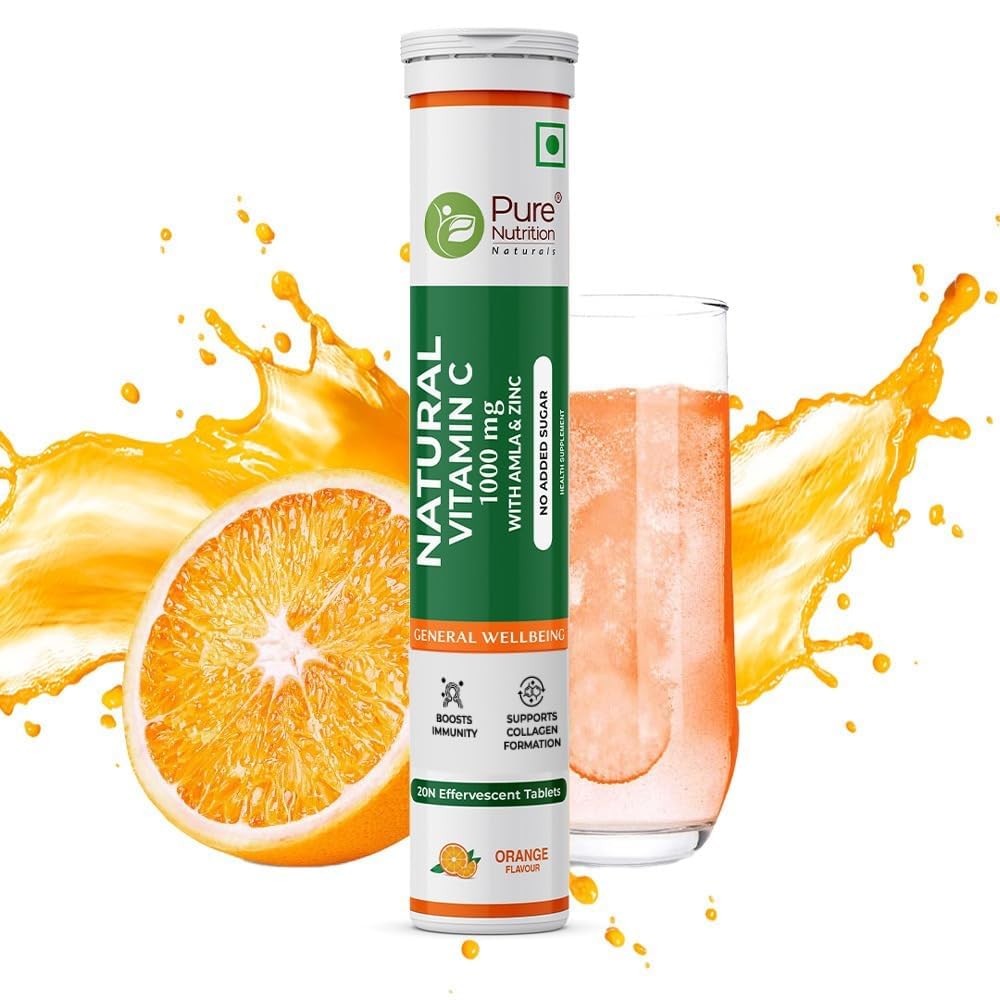 Pure Nutrition Vitamin C + Zinc, 20 Effervescent Tablets (20 x 1) Orange Flavour | 1000mg Amla Extract | Supports Acne Free Skin for Women & Men | Rich in Antioxidants | Boosts Energy & Immunity