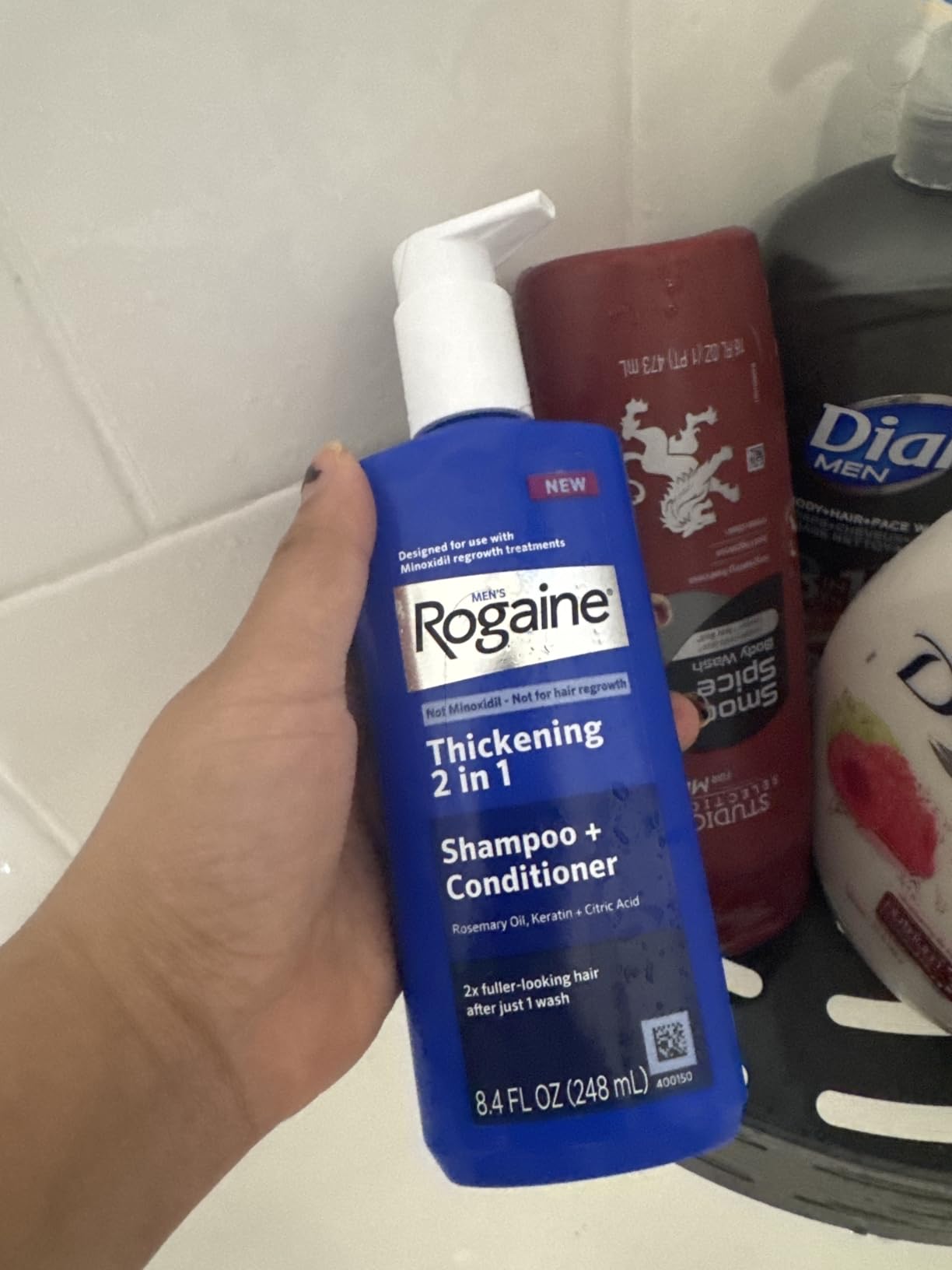 Kenvue Rogaine Men's Thickening 2 in 1 Shampoo + Conditioner, Hair Thickening Shampoo & Conditioner with Rosemary Oil, Keratin & Citric Acid Leaves Hair Visibly Thicker, Not Minoxidil, 8.4 fl. oz