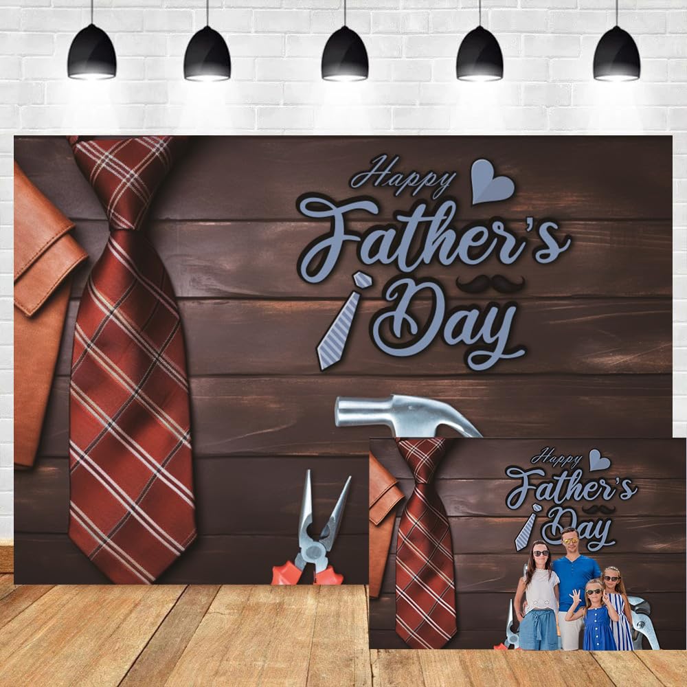 OERJU Happy Fathers Day Backdrop Father's Day Photography Backdrop Tie Fixing Tools Rustic Wood Background Father's Day Party Decorations Supplies