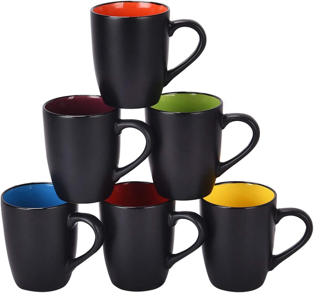 Coffee Mug Set, 16 oz Coffee Mugs Suitable for Cappuccino, Tea, Cocoa, Cereal, Set of 6, Black outside and Colorful inside