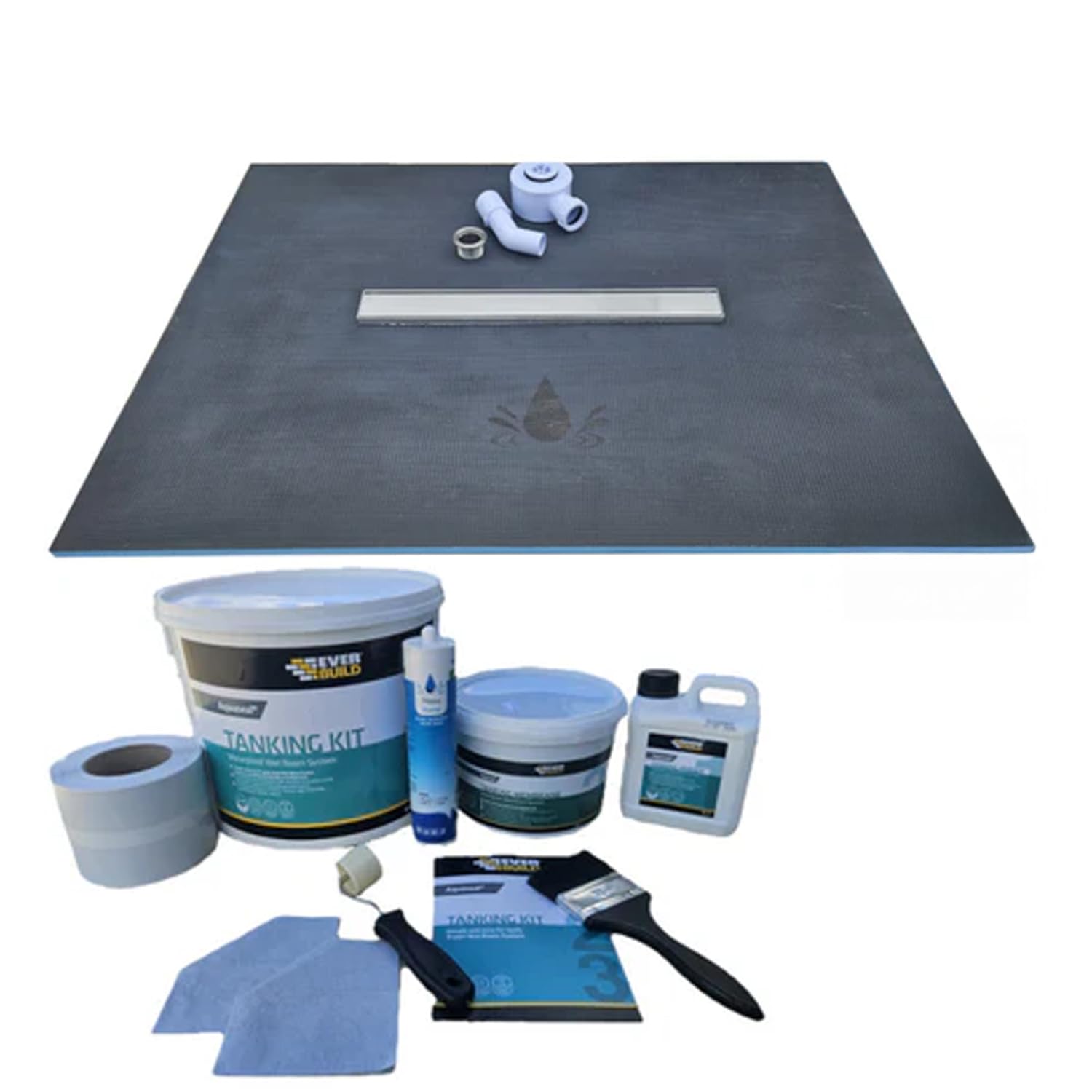 Nassboards 20mm Linear Wetroom Shower Tray & Aqua Kit, Centre Gulley - Waterproof Watertight Design with Drain, Installation Guide, Sealing Tape, Stainless Grate, XPS Quality Base, Gradient Ready