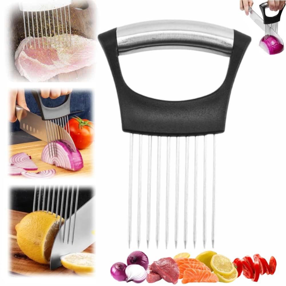 Onion Slice Holder, 2025 Upgraded Stainless Steel Onion Holder for Slicing Lemon Slicer Vegetable Cutter, Kitchen Chopper Slicing Assistant Tool for Meat, Onion, Potato, Tomato (1, A)