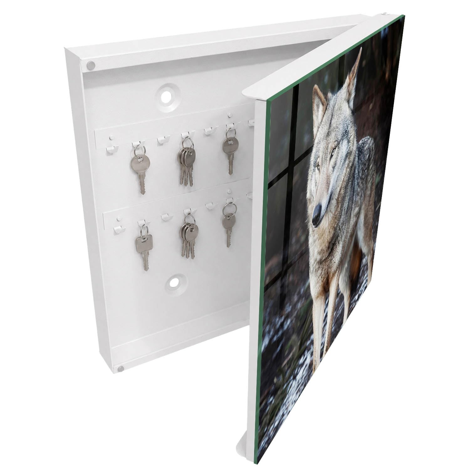 Armadietto Portachiavi 30x30 cm | Bianco | A Destra | Montaggio a Parete | Lupo nella foresta | Tasselli e Viti Inclusi | Frontale Decorativo in Vetro Temperato | in Metallo | per Uffici