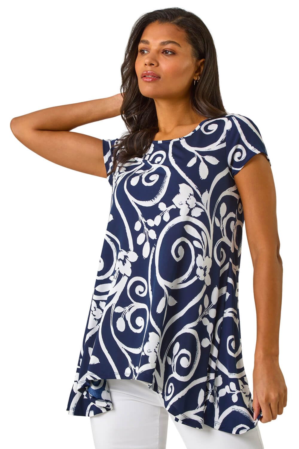 Roman Originals Women's Navy Floral Hanky Hem Tunic Top For Uk - Longline Blouse Asymmetric Hemline Sleeves Short Sleeve Casual Slouch Loose Summer Spring Relaxed Comfortable Holiday - Size 20