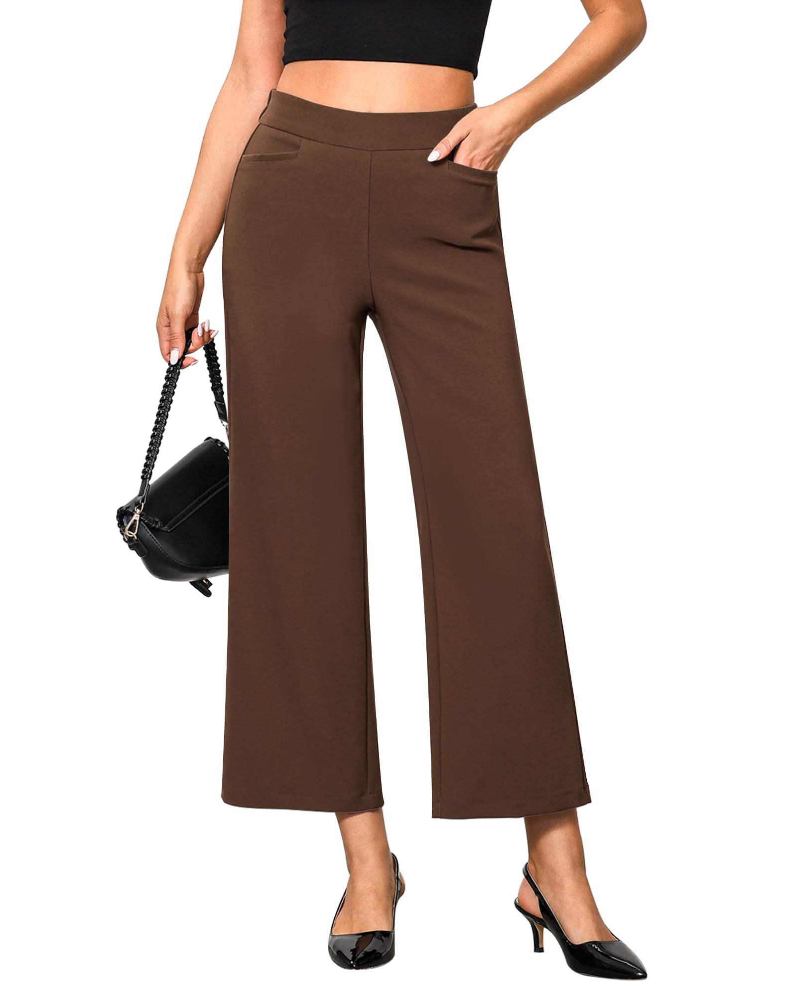 GRAPENT Cropped Pants for Women Trendy Business Casual High Waisted Pull On Wide Leg Stretchy Dress Pants with Pockets