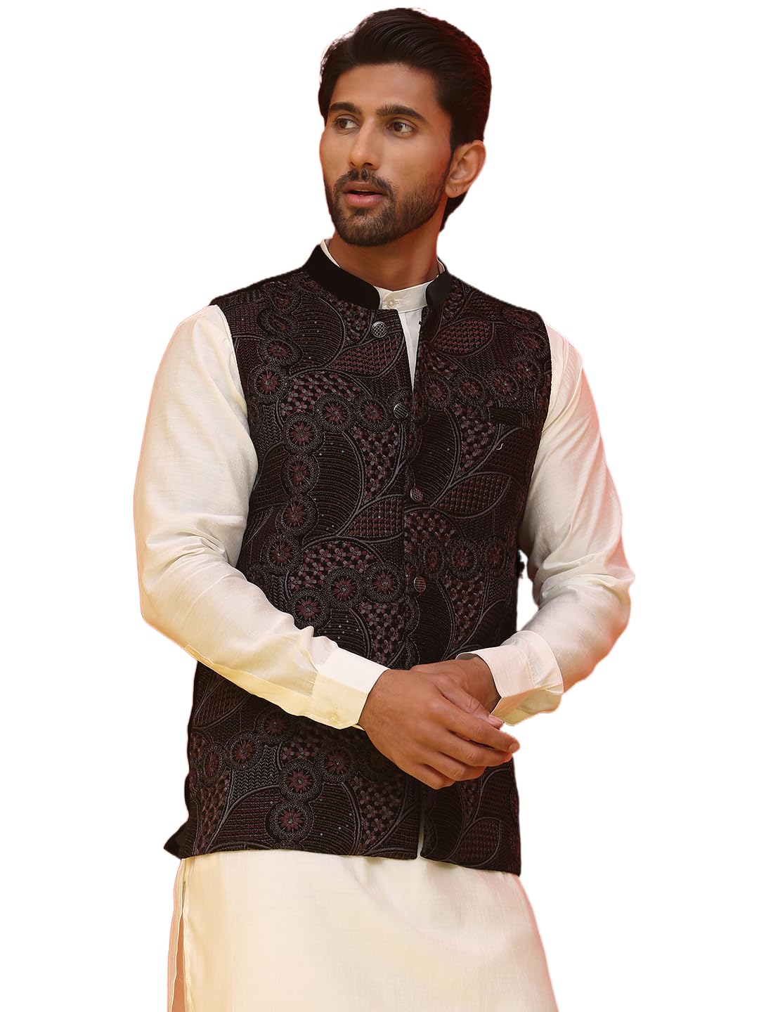 jompers Black Embroidered Velvet Nehru Jacket for Men-picture-17