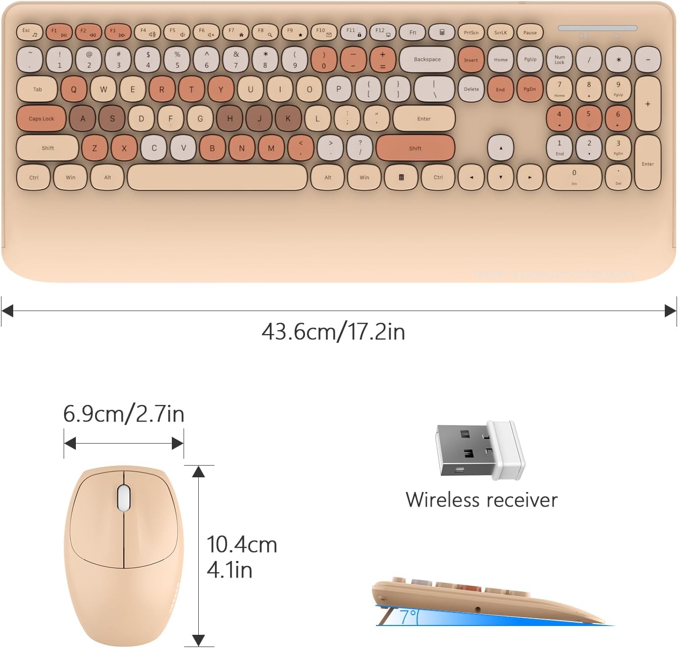 GEEZER Wireless Keyboard and Mouse Combo Milk Tea Color, 106 Keys Less Noise Full-Size 2.4G Ultra-Slim Colorful Keyboards with Palm Rest, One USB Nano Receiver for Windows/Mac/Laptop/PC