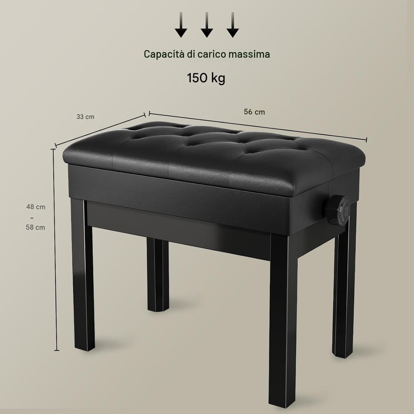 Sgabello Pianoforte Regolabile in Altezza 56x33x58CM, Panca con Spazio di Archiviazione, Carico Massimo 150KG, Nero