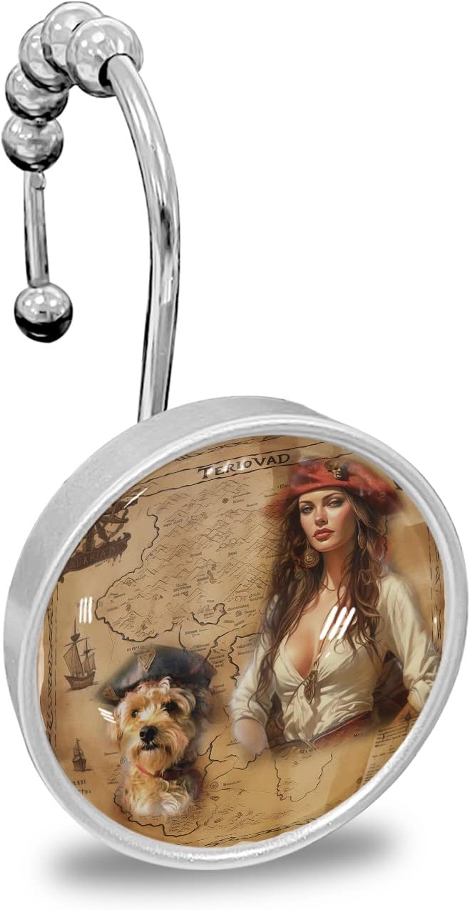 Shower Curtain Hooks 12 Pcs, Pirate Girl Cute Dog Treasure Map Stainless Steel Rust Proof Rolling Shower Curtain Rings, Decorative Shower Curtain Hooks Hangers for Bathroom