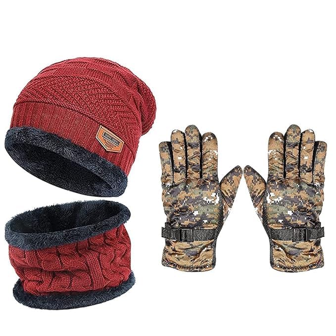 Unisex Snow Proof Inside Fur Wool Beanie Cap with Neck Warmer Set with 1Pair Military Hand Gloves-image-29