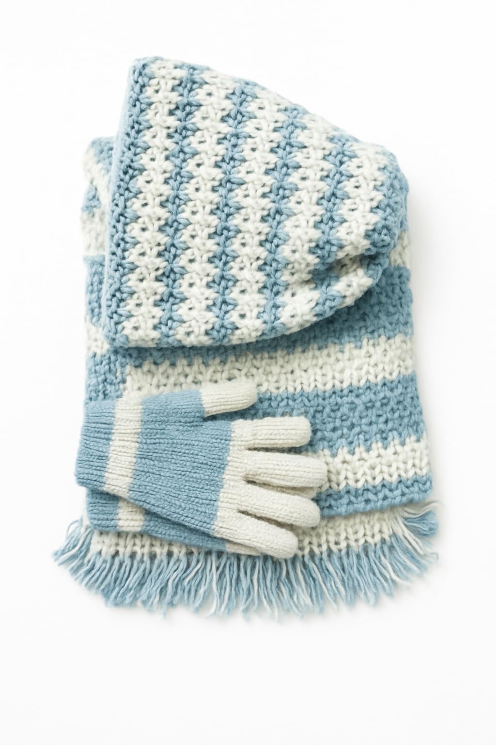 Muffler, Cap Gloves- Winter Knit Scarf and Gloves Set, Light Blue and White Striped Pattern, Warm Crochet Wool with Fringe Tassels, Men - women, free size, Winter, Fashion-image-35