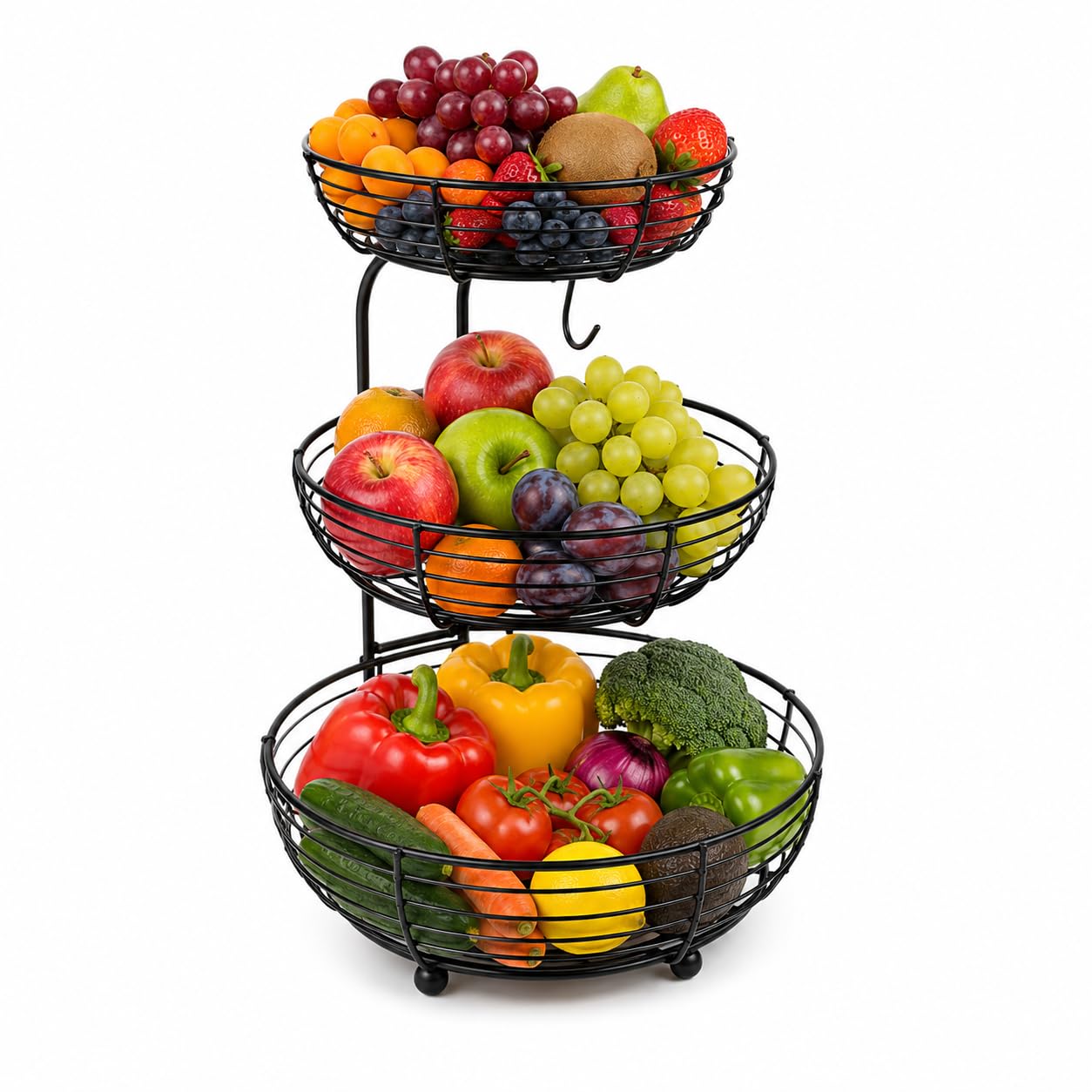 Eck-Obstetagere 3 Etagen aus Metall – Obstkorb ohne Mittelstrebe mit freiem Zugriff von allen Seiten – Platzsparender Küchen Organizer für Obst, Gemüse, Snacks, Badezimmer & Büro – Schwarz