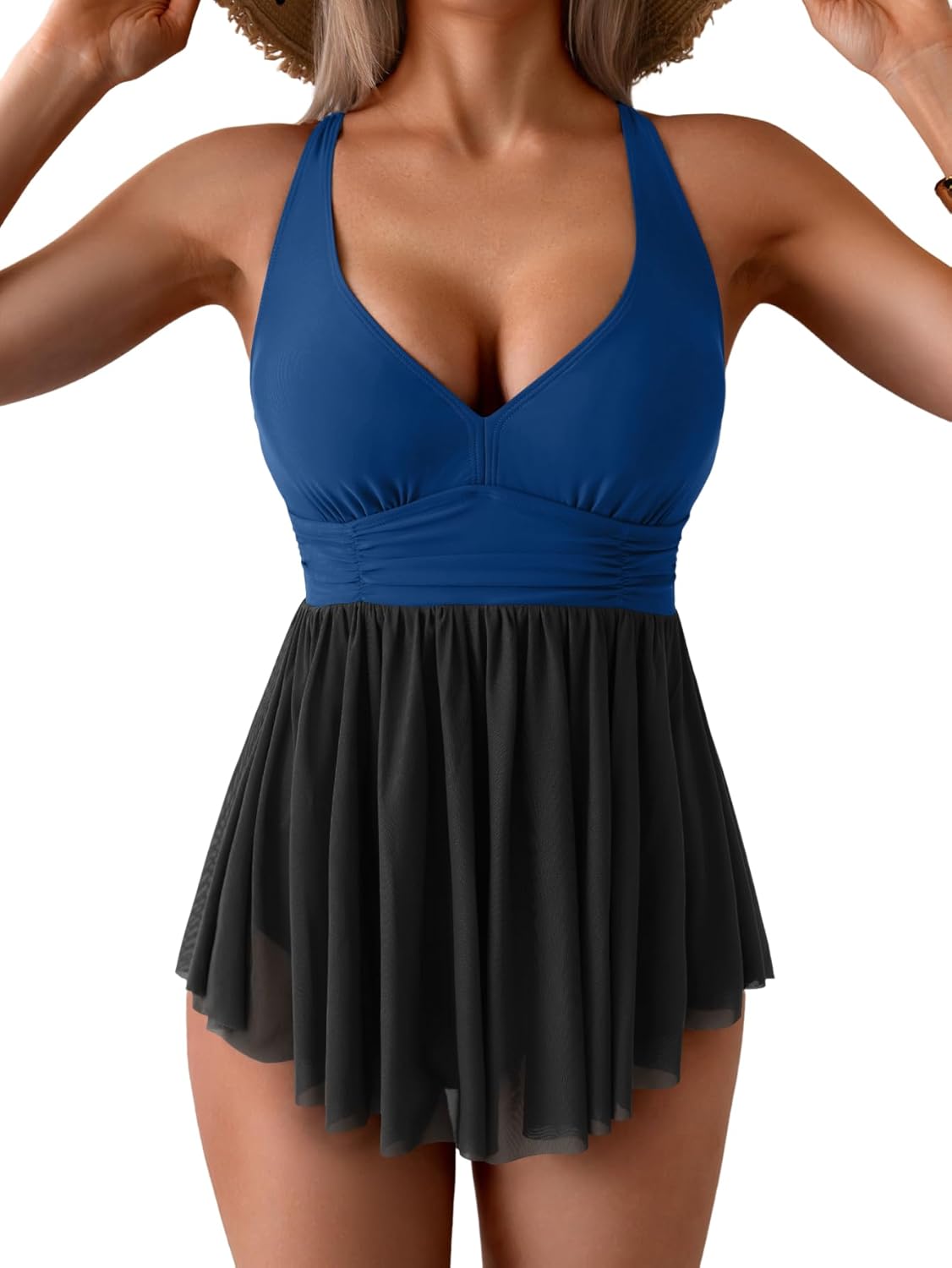 Women’s One Piece Swim Dress Swimsuit Tummy Control Mesh Swimdress V Neck Bathing Suit Skirt Tie Back Swimwear