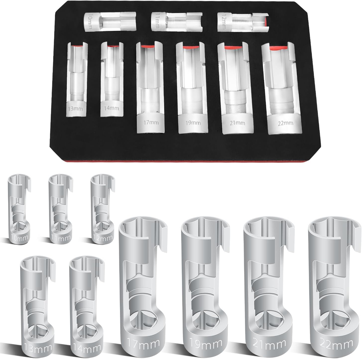 9PCS 10-22mm 3/8" 1/2" Drive Diesel Injector Fuel Line Socket Wrench Set, Metric Flare Nut Socket for Fastener on Bent Pipes, EGT Sensor, Thermo Switches, ABS Tubes, Master Cylinder