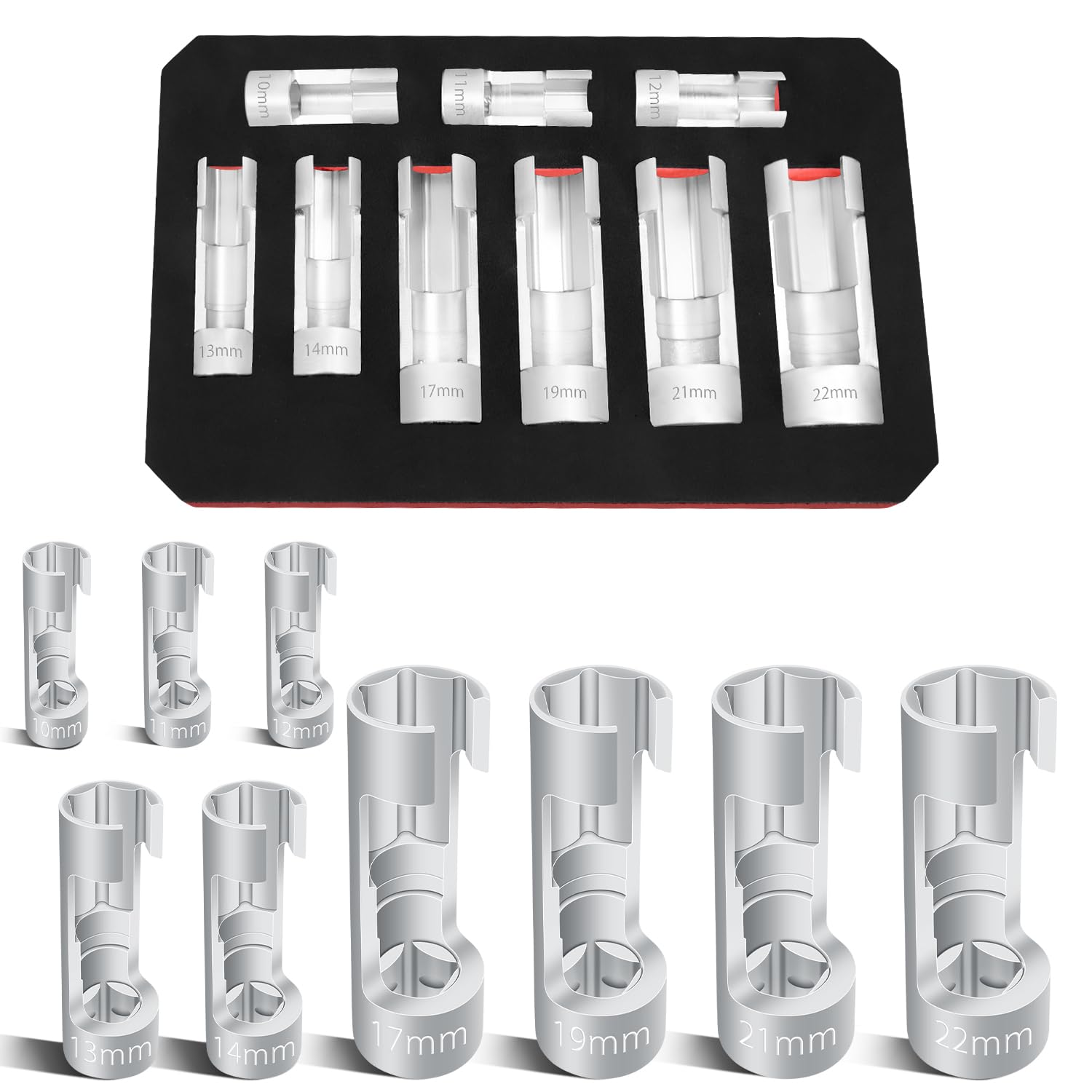 Photo 1 of JEUCLEL 9PCS 10-22mm 3/8" 1/2" Drive Diesel Injector Fuel Line Socket Wrench Set, Metric Flare Nut Socket for Fastener on Bent Pipes, EGT Sensor, Thermo Switches, ABS Tubes, Master Cylinder
