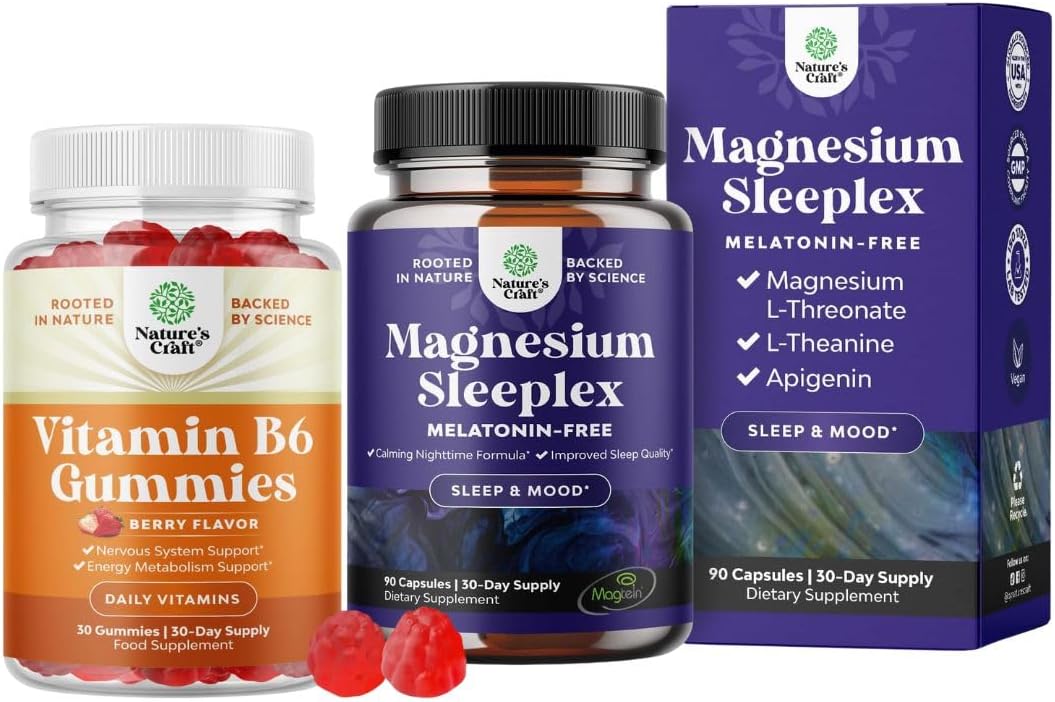 Bundle of Potent Vitamin B6 Gummies for Adults - Vitamin B Complex Supplements for Nervous System and High Absorption Magnesium Sleep - Rest Support Magtein Magnesium L-Threonate and Apigenin Theanine