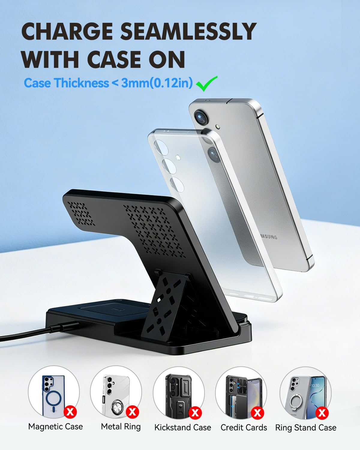 Cargador inalámbrico plegable 3 en 1 para Samsung: estación de carga Qi de 15 W para Samsung S26/S25/S24/S23/S22/S21, Note 20/10, Z Fold 6/5, Galaxy Buds 4/3/2 Pro y Galaxy Watch-Android Soporte de