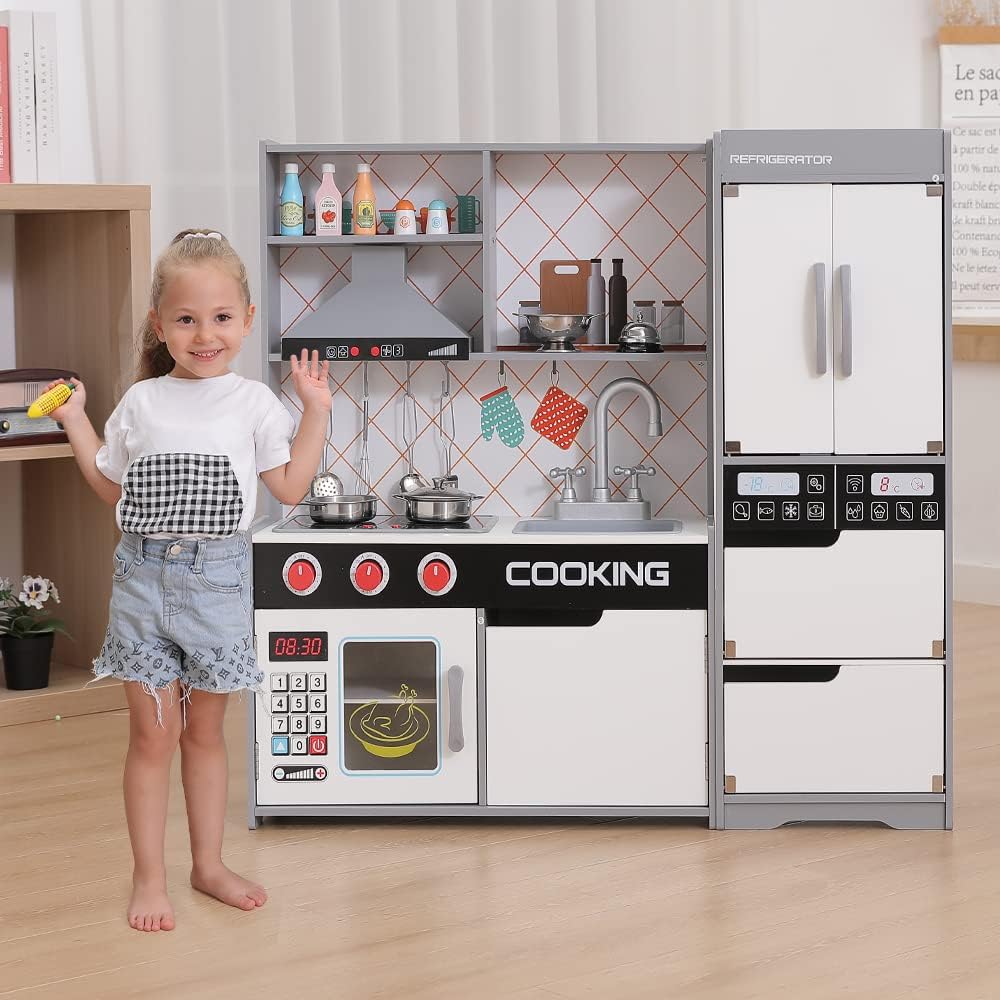 Play Kitchen Wooden Toy Kitchen Set for Kids, Big Kids Kitchen Playset with Realistic Lights and Sounds : Toys & Games