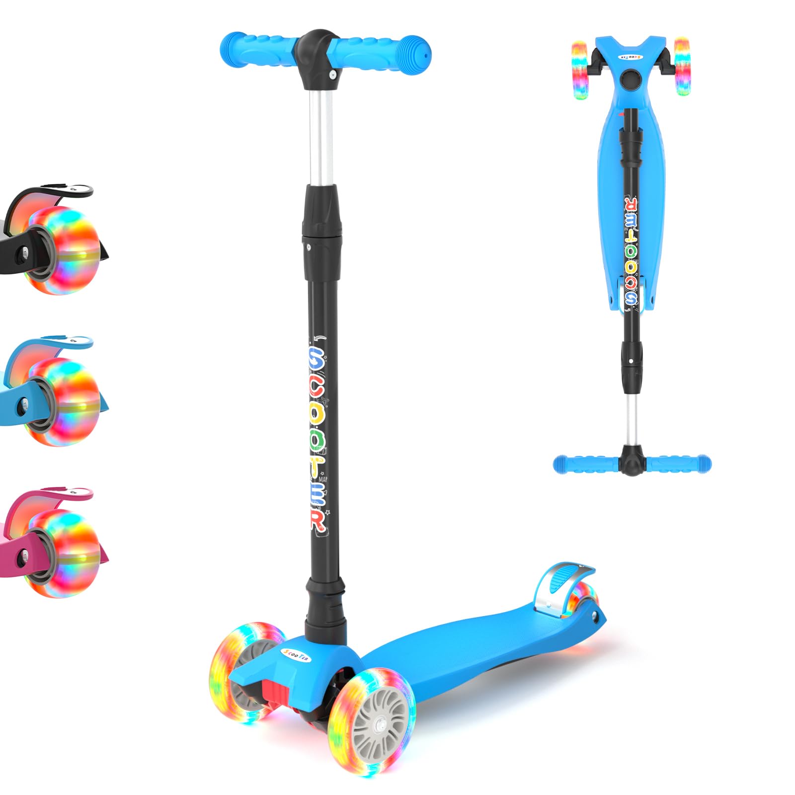 KORIMEFA 3 Wheel Kids Scooter Kick Scooter for Boys and Girls Toddler scooter with Adjustable Height, Lean to Steer, Flashing Light Up Wheels, Aged 3 to 12 years