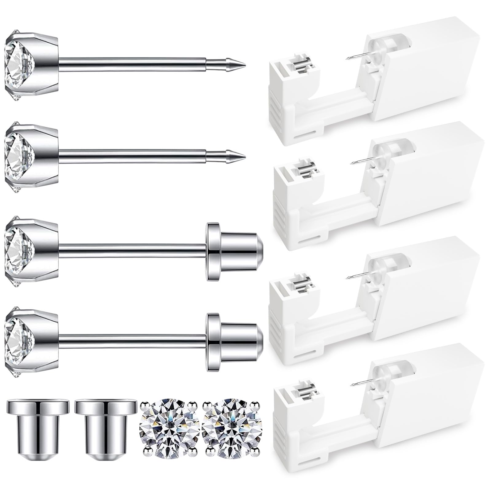 Ear Piercing Kit | Disposable Ear Piercing Gun Kit Made in 316L Surgical Stainless Steel with 4mm - 4prong Cubic Zirconia | At Home Self Ear Piercer Kit with Earrings Stud | 4 Pack