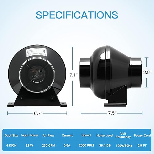 Miniatura 3 de iPower Ventilador en línea de 4 pulgadas 230 CFM, ventilador de circulación de ventilador, filtro de carbono de aire de 8 pies de conducto, para