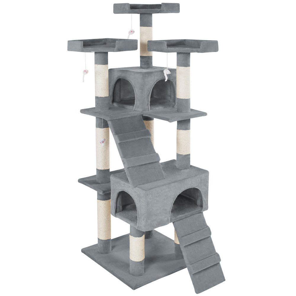 Krabton: Tectake® Kattenkrabpaal - 70x54x170cm Zwart - Meerdere Niveaus Met 2 Huisjes 3 Uitkijkplatforms En 4 Speelmuizen Stevig Krabmeubel Met Pluche Bekleding Katten