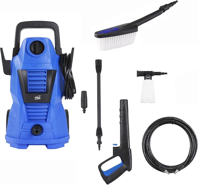 Neo® Electric High Pressure Washer 110 Bar High Power Jet Water Patio Car Cleaner with Foam Tank and Brush Included