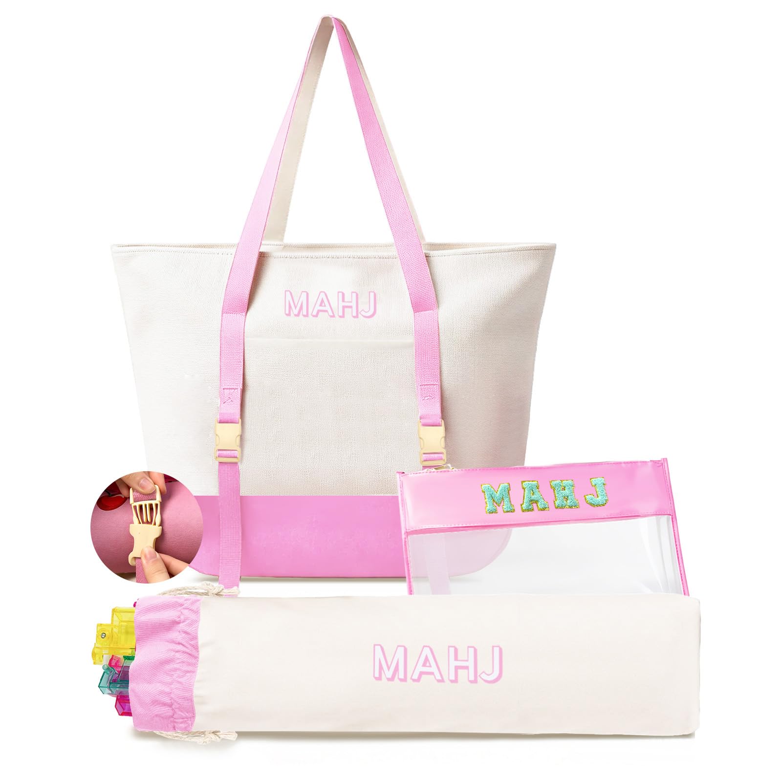 Photo 1 of Mykng Nzw Empty Mahjong Tile Bags Set for American Tiles and Racks,Canvas Tote Bag with Mat Holder Accessories Organizer,Portable Mahjong Case Drawstring Protective Sleeve for Rack Pushers,Pink