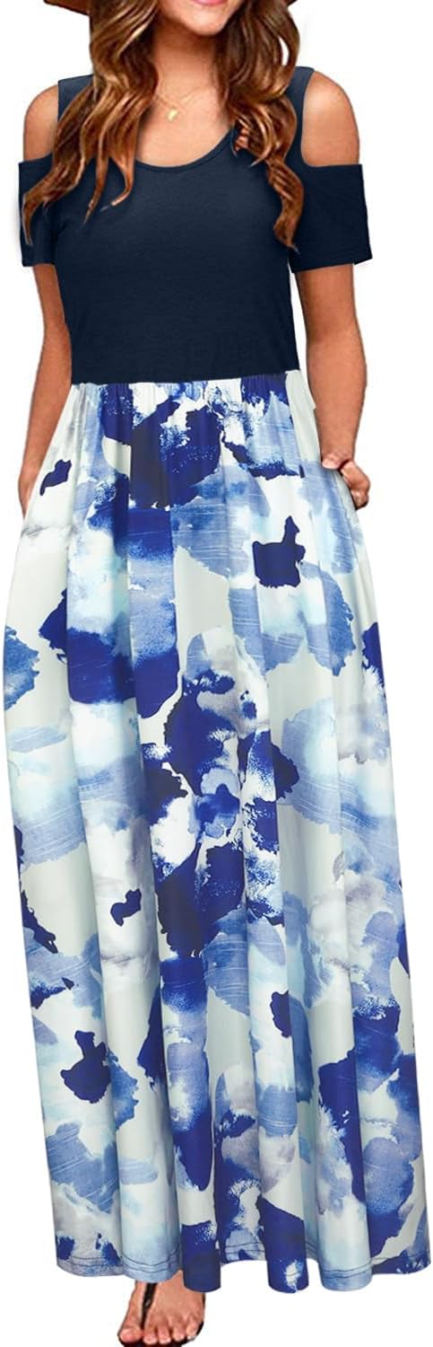 STYLEWORD Women's 2026 Summer Maxi Long Dresses Cold Shoulder Sundress with Pocket