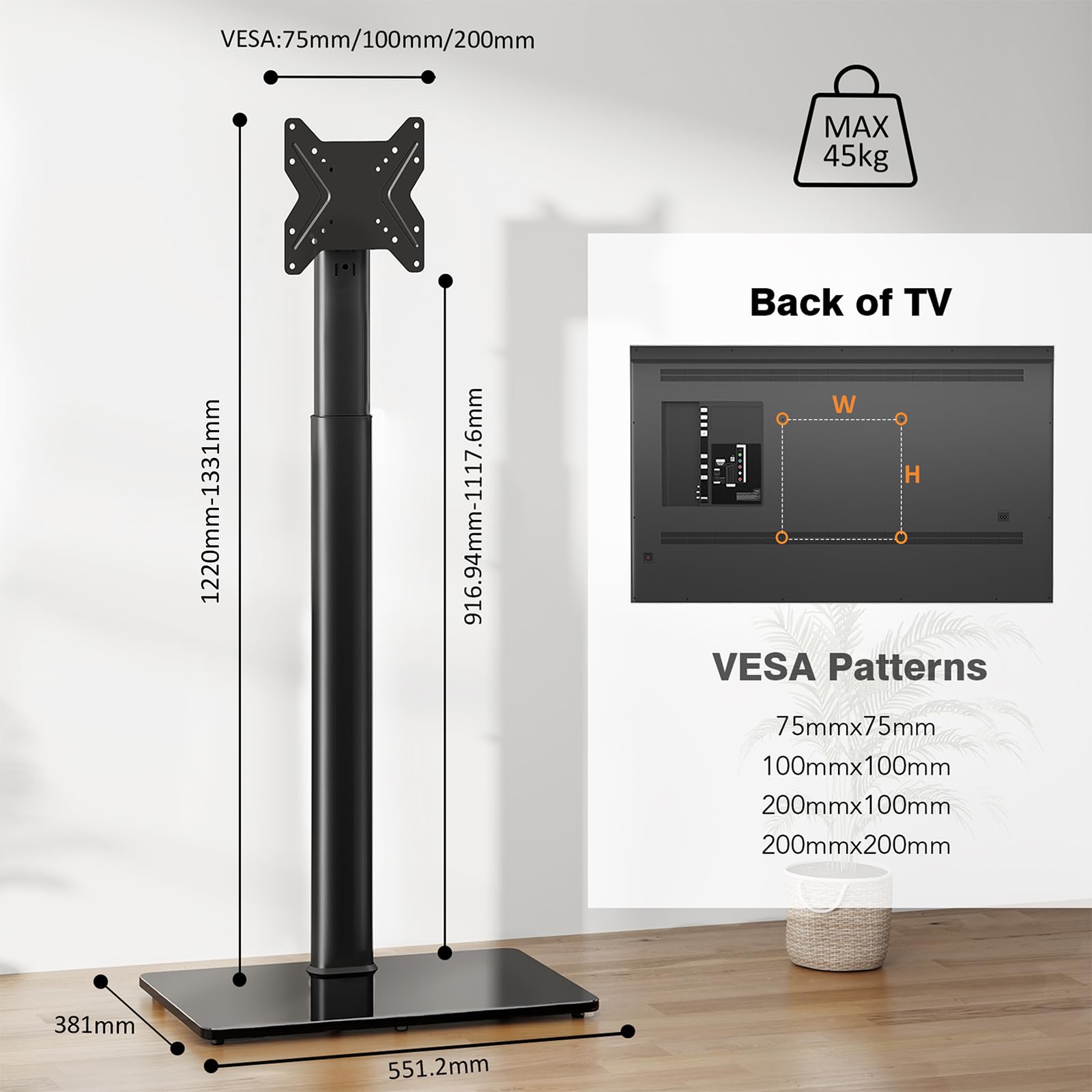 Universal TV Ständer Halterung mit 100 Grad schwenkbar tv standfüße fernsehständer, höhenverstellbar und neigbar für 19 bis 43 Zoll LCD, LED OLED TVs,HT1001BP