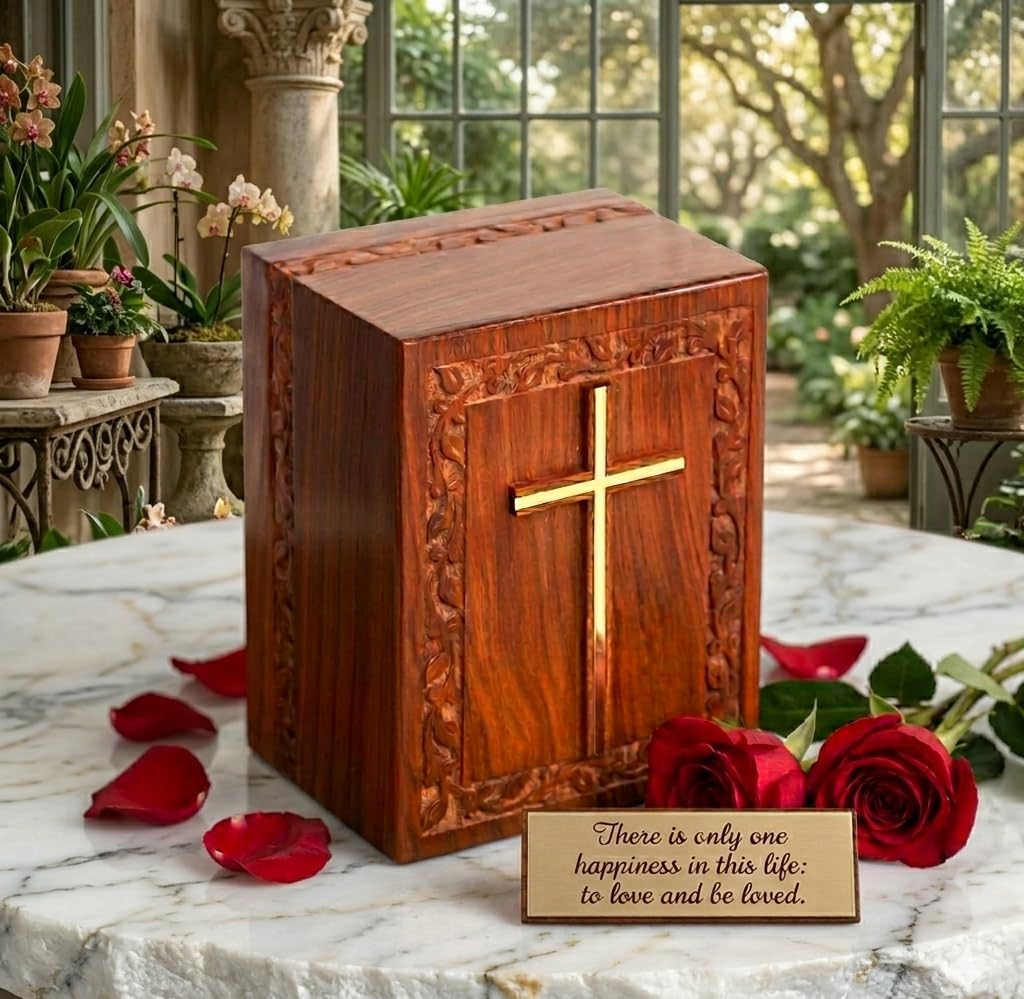 Wooden Cross Urn Box for Adult Ashes Rosewood Border Carving Handmade Urns for Large Ashes 280 Cubic Inches with Bottom Opening System