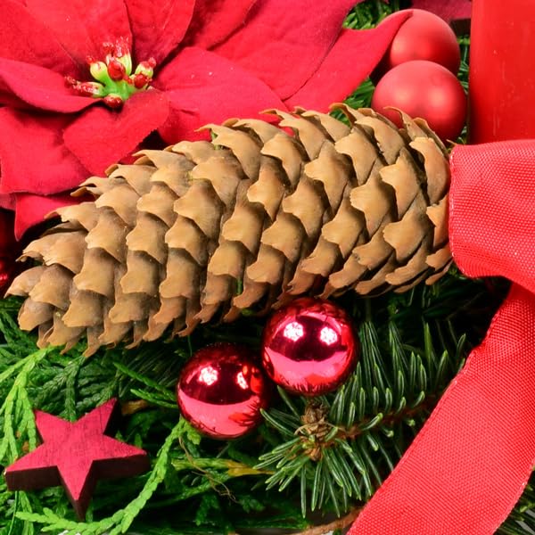 Frischer Adventskranz Weihnachtsstern in Rot, handgebundener Kranz aus echter Nobilistanne, Durchmesser 30 cm, mit 4 roten Stumpenkerzen, Adventszeit & Weihnachtsdekoration