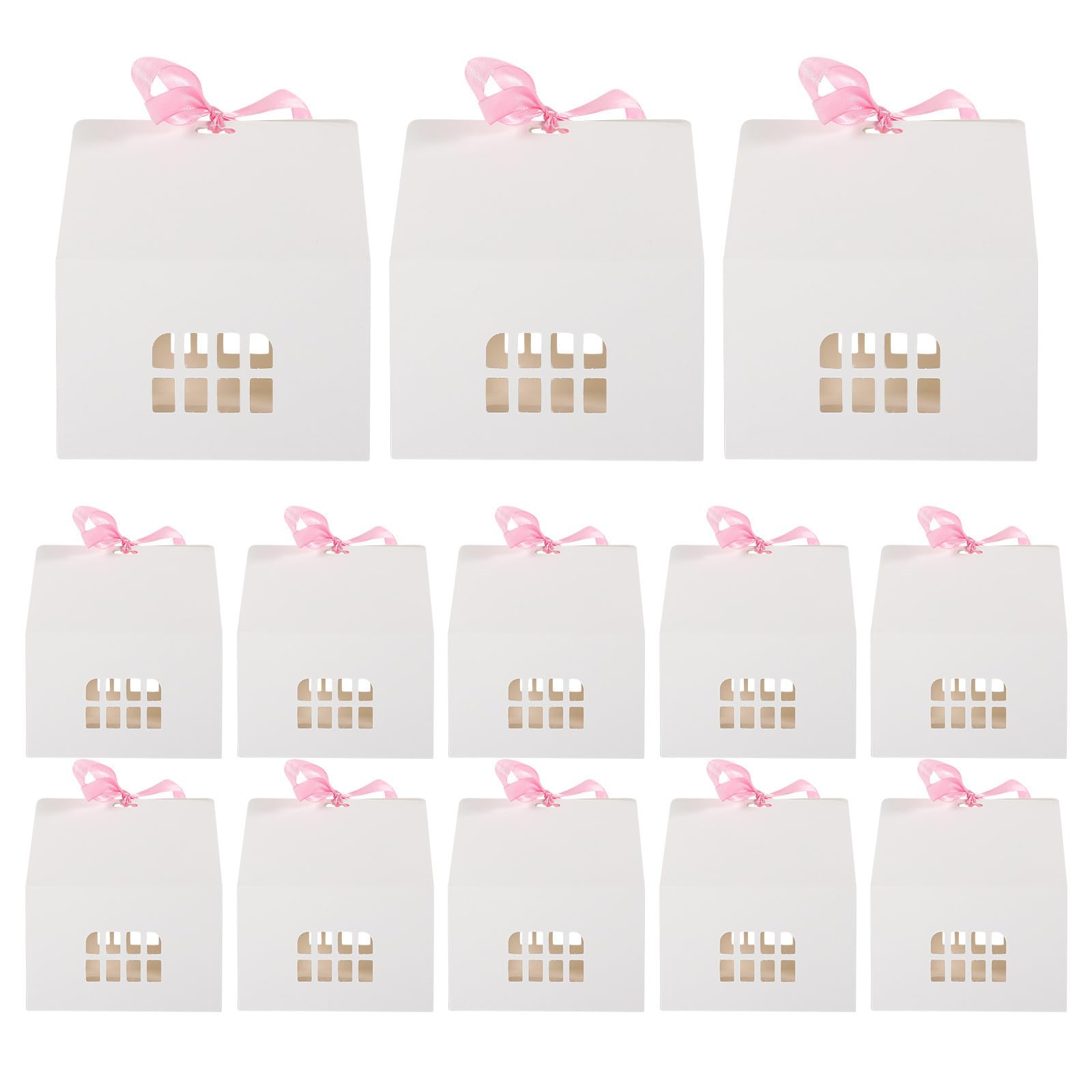 Toyvian 60 Pezzi Scatola di Carta Bianca a Forma di Casa per Caramelle e | Leggera e Pratica, Design Traforato, Nastro Incluso, per Festa di Compleanno e Party