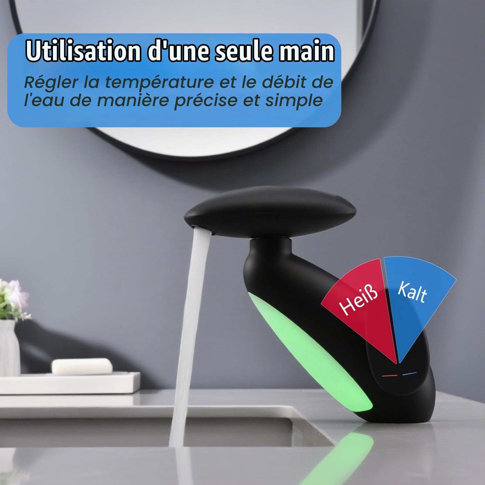 Robinet Salle Bain avec Douchette Extractible à 4 Modes, LED Robinet de lavabo Cascade, Rotatif à 360° Mitigeur de Lavabo, Moderne G 3/8, Noir