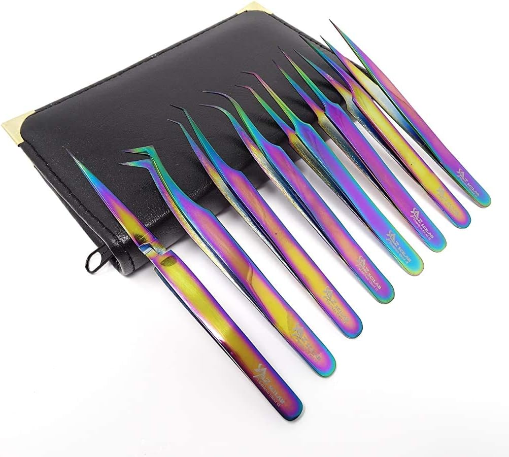 Set of 8 Piece Stainless Steel Multi Rainbow Color Eyelash ExtensionTweezers (A2ZSCILAB)
