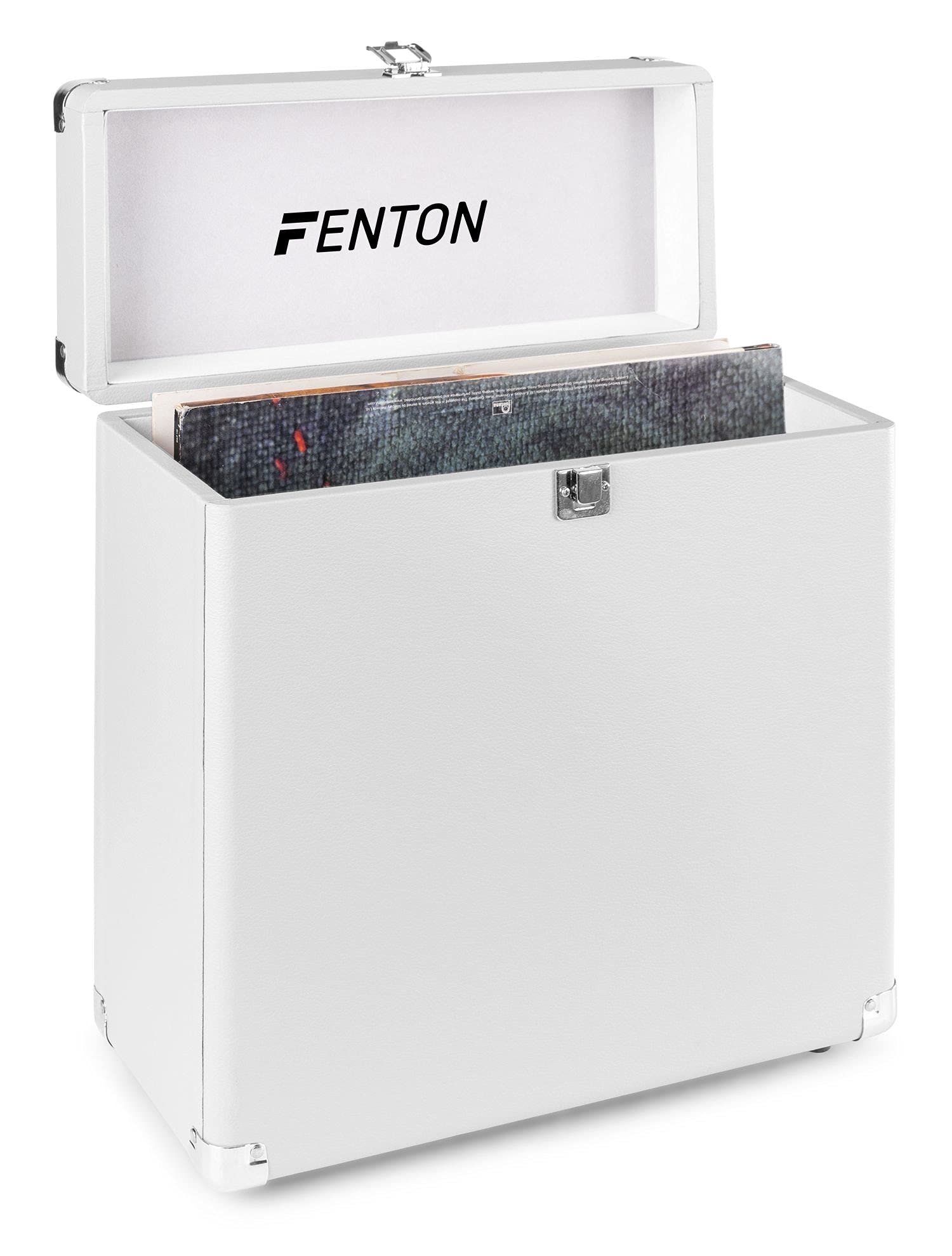 Fenton RC30 Plattenkoffer für LPs, Schallplatten Aufbewahrung, Vinyl Koffer, stilvolle und stabile Vintage Schallplattenbox, weiches Flanell innen, Weiß