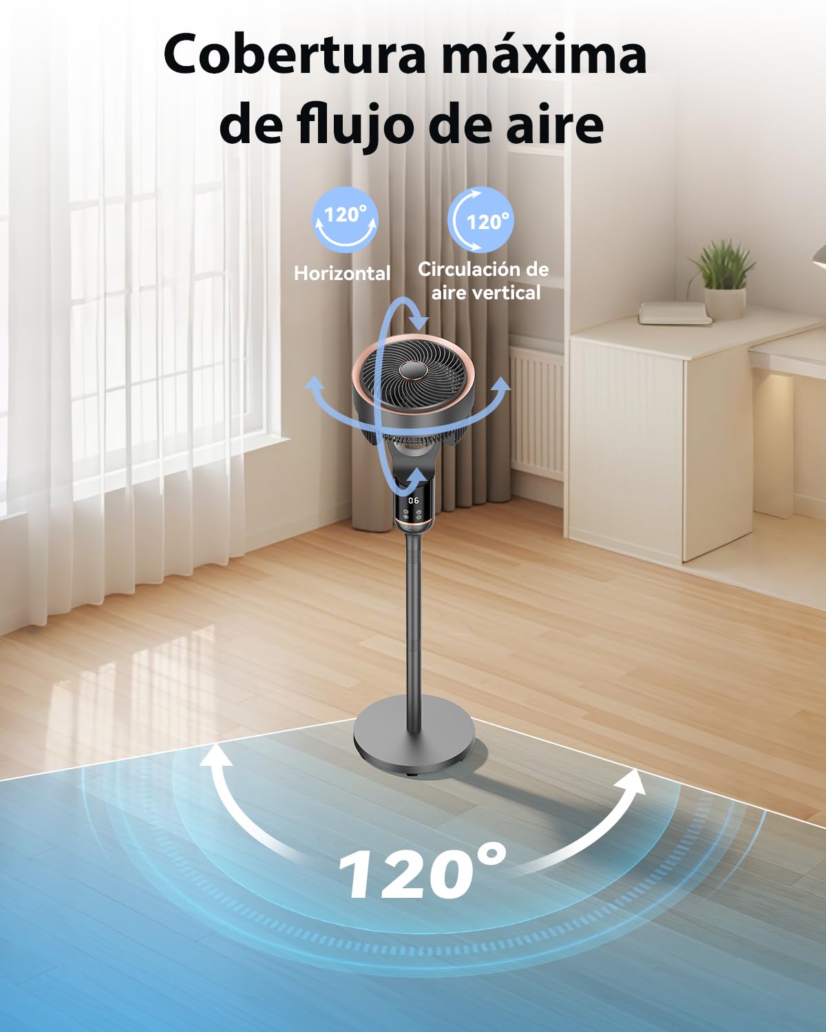 Ventilador de Pie Silencioso 20dB para Dormitorio con Motor DC, 12 Velocidades, 3 Modos, Oscilación 120°+120°, Altura Ajustable 53-110 cm, Temporizador 12 Horas, Mando a Distancia y Flujo de Aire 27m