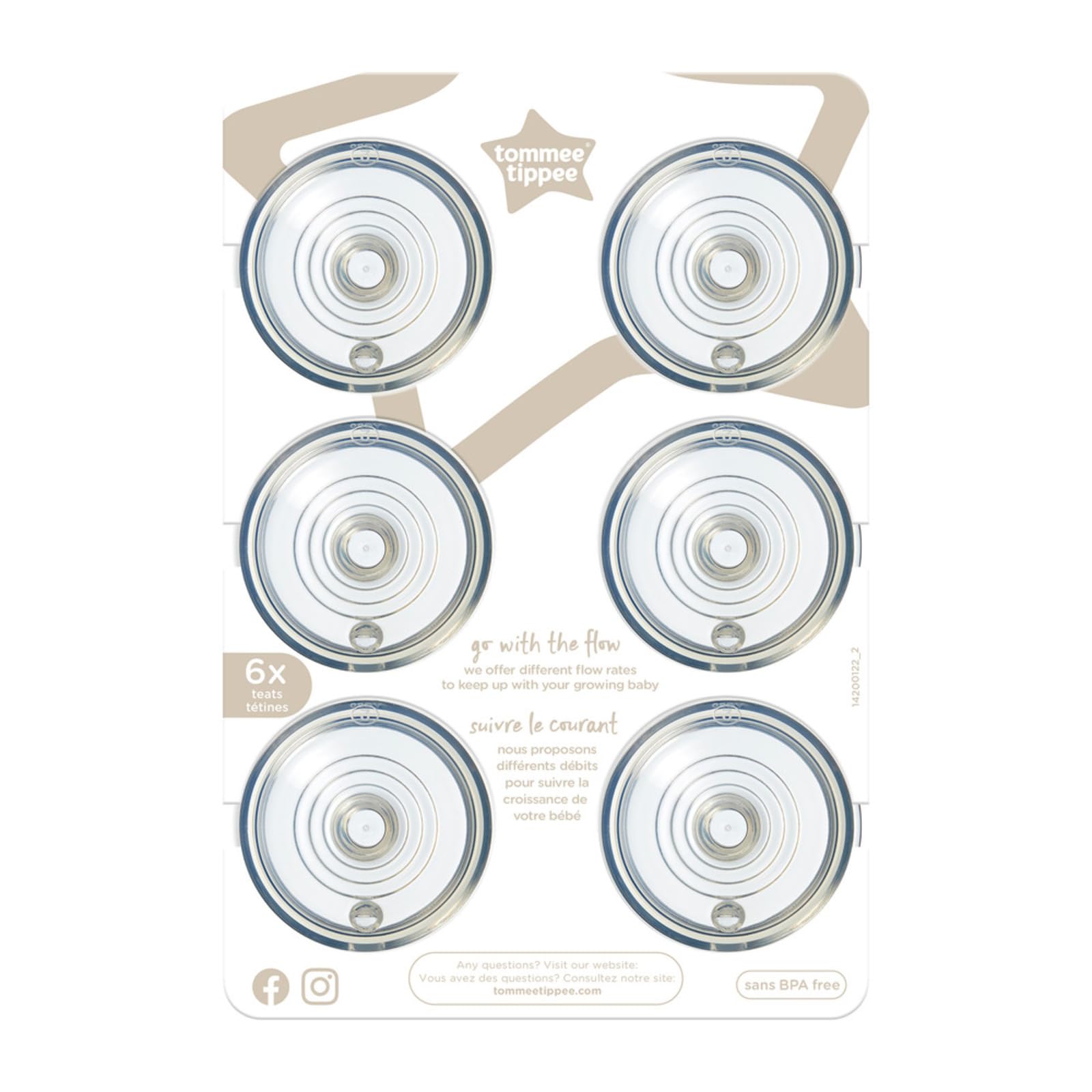 Tommee Tippee Closer to Nature Baby Bottle Teats, Breast-Like, Anti-Colic Valve, Soft Silicone, Medium Flow, 3m+, Pack of 6,Clear