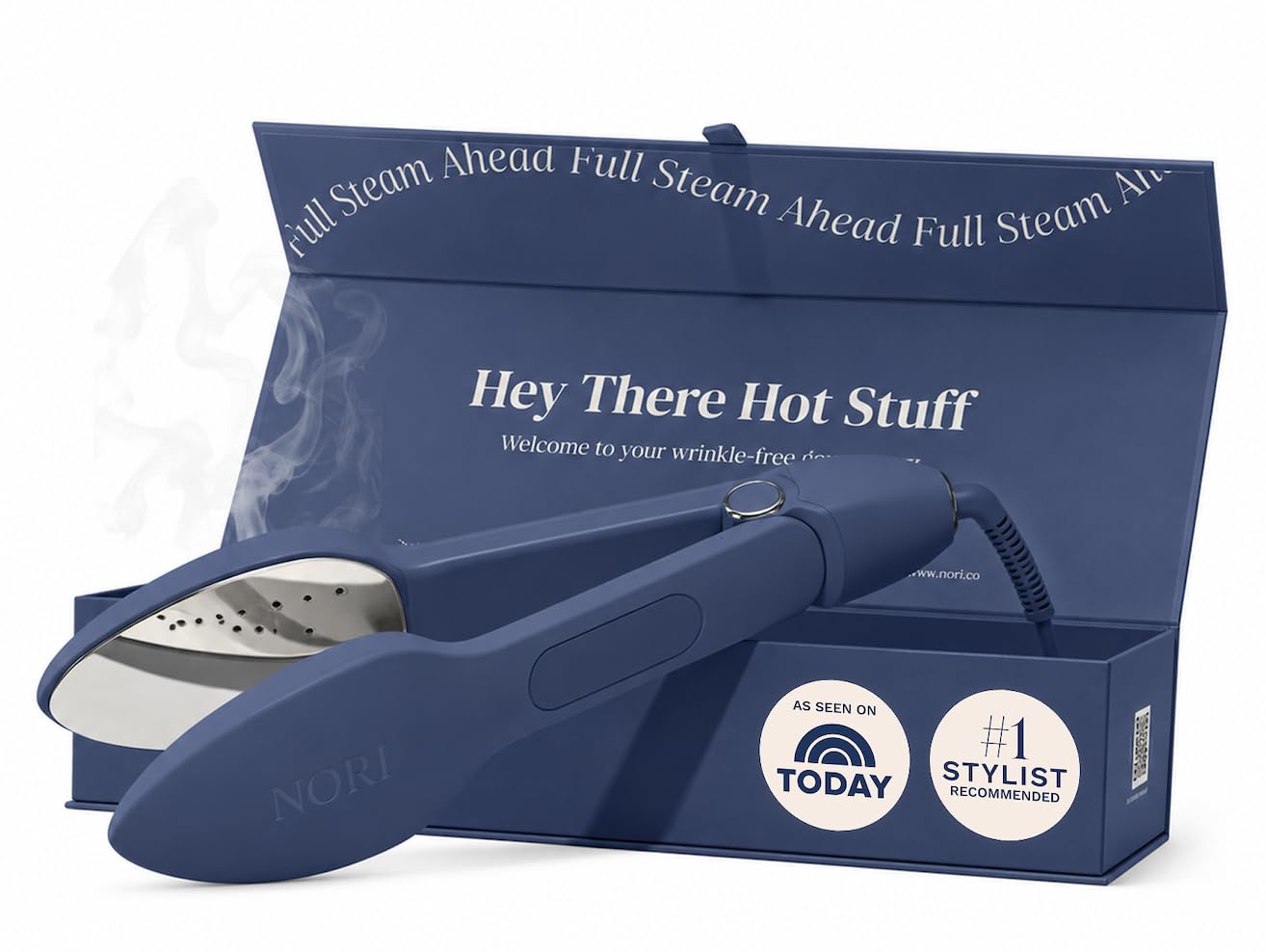 Nori Press Travel Steam Iron - Handheld Iron With Optional Steam Feature - No Ironing Board Required - Easy to Use w/ 6 Fabric Settings - Removes Wrinkles - User Manual Included - Navy