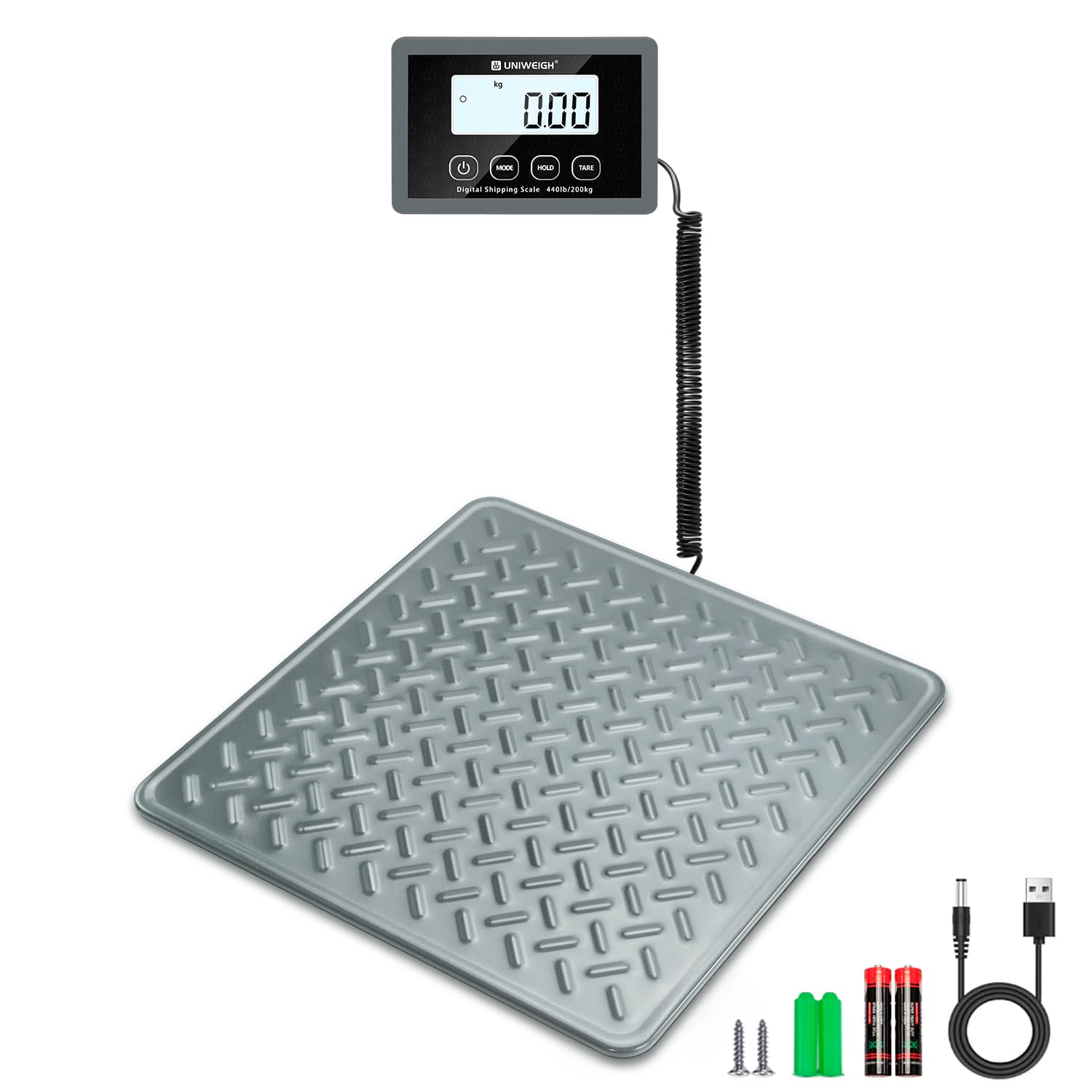 UNIWEIGH Wagi pocztowe 200 kg, cyfrowa waga pocztowa paczki, mocna stalowa platforma, waga wysyłkowa z funkcją LCD/Hold/Tare/Auto Off, waga do bagażu/magazynu, zasilanie bateryjne i zasilane przez USB
