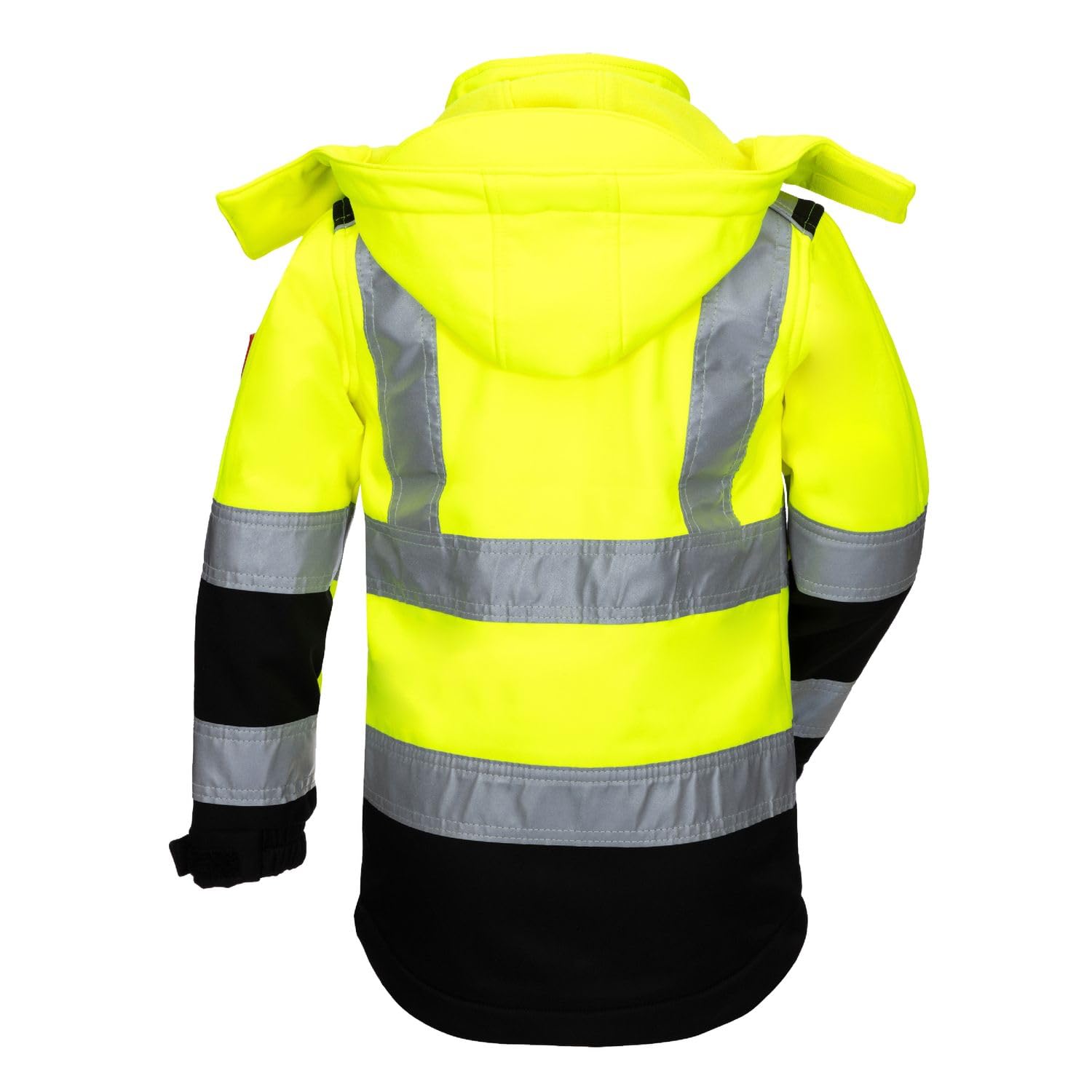 eXtreme Kinder Warnschutz Übergangs Softshelljacke Mädchen Jungen, wasser- & windabweisend, mit verlängertem Rücken und Reflexstreifen, neongelb