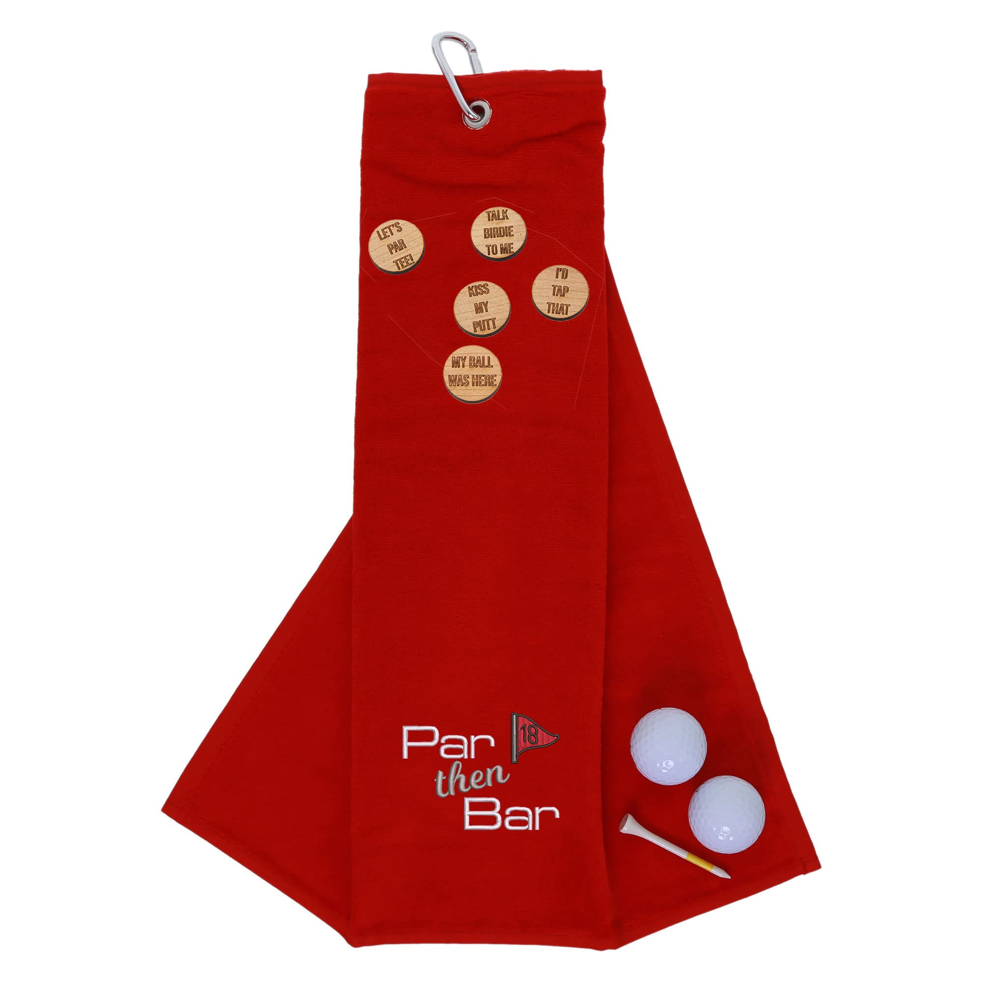 Funny Trifold Golf Towel and Comedy Wooden Ball Marker Set Gift for Men, Carabiner Clip for Golf Bags, Par Then Bar, Red