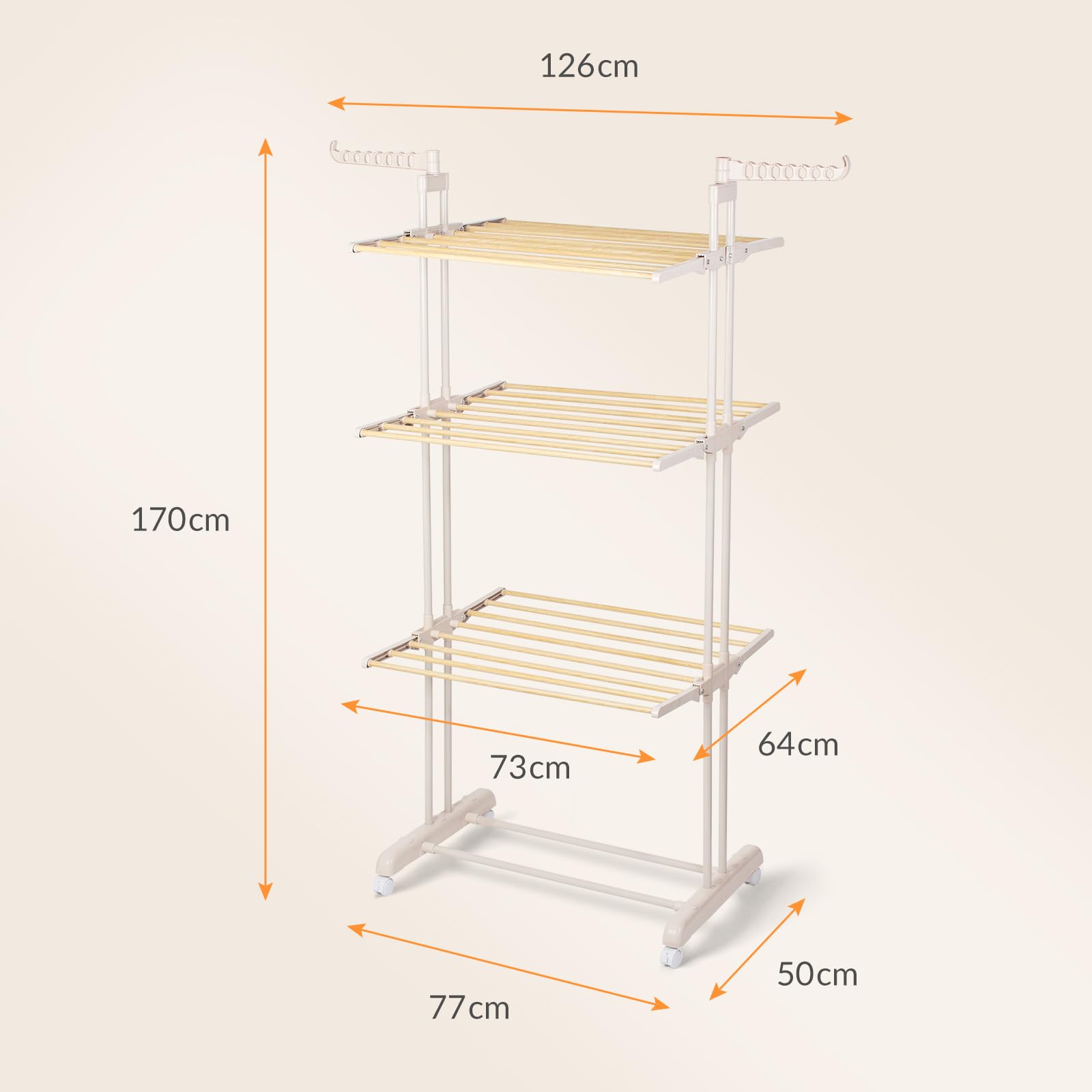 Étendoir à Linge Intérieur 3 Niveaux,Tubes Effet Bois avec Ailes Pivotantes